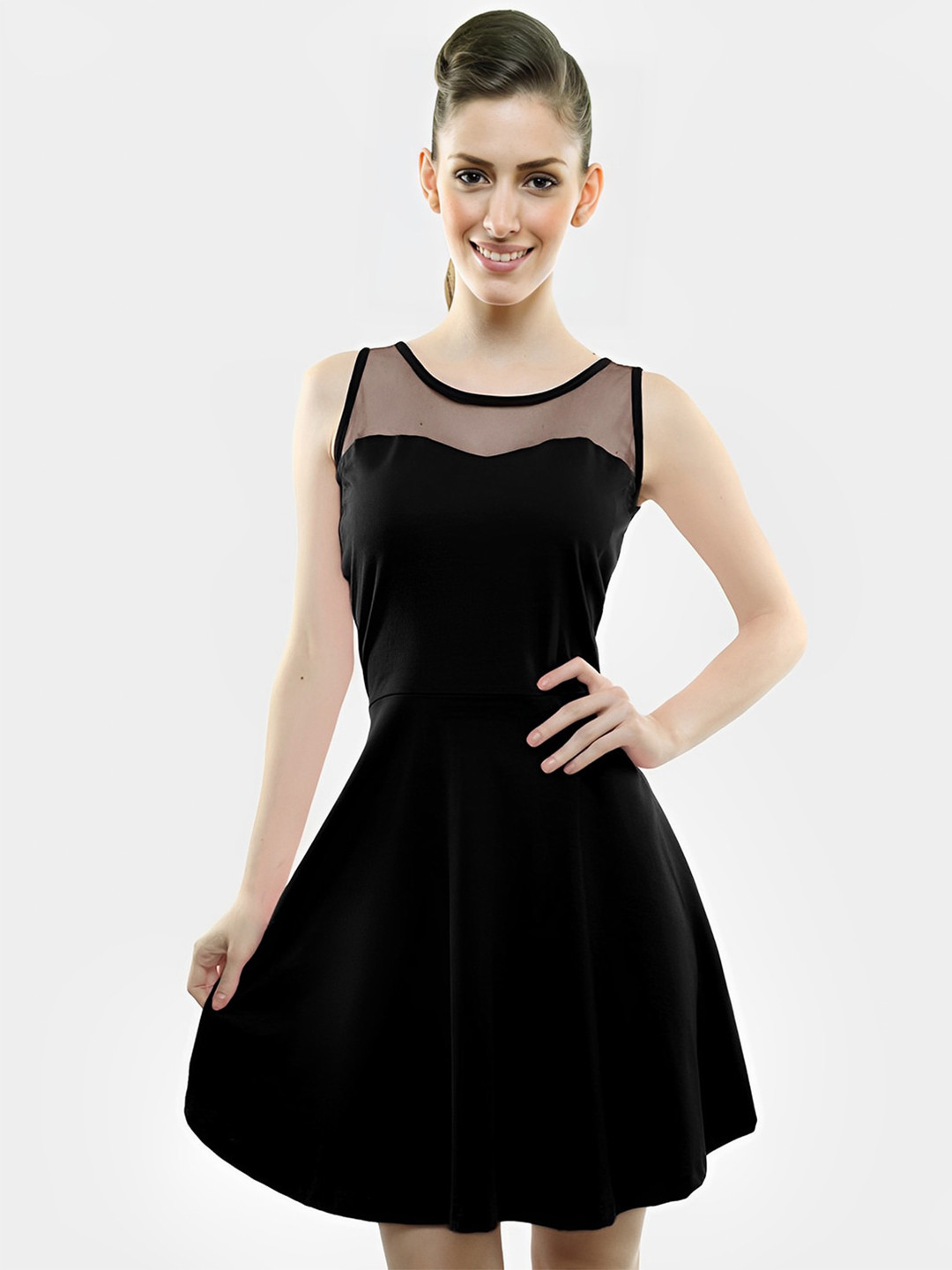 DressBerry Black Round Neck Cut-Outs Fit & Flare Cotton Mini Dress