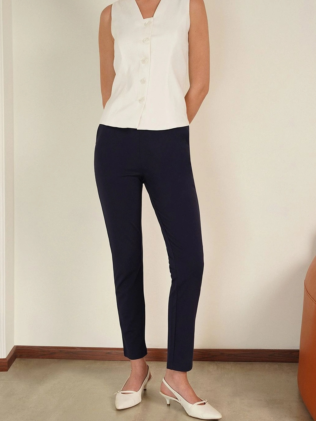 FABLE STREET LivIn Air Straight Fit High-Rise Regular Navy Blue Trouser