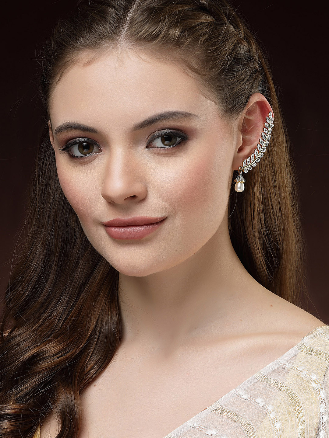 DressBerry White American Diamond Gold-Plated Leaf Shaped Ear Cuff Earrings
