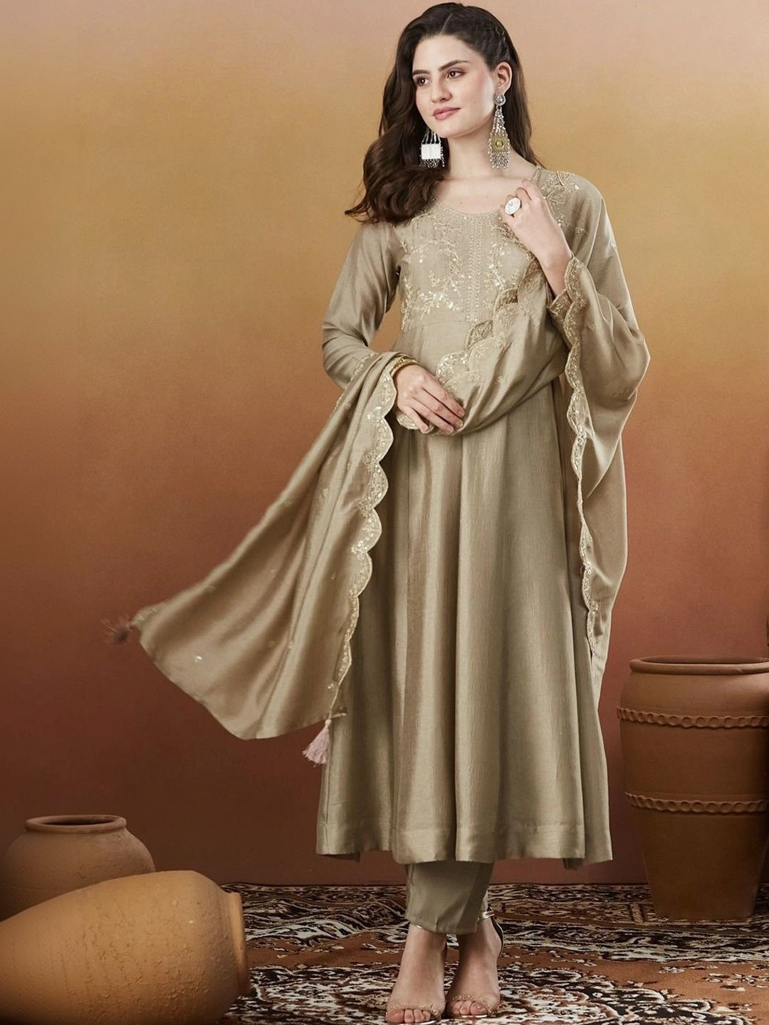 SACi Women Ethnic Motifs Embroidered Empire Sequinned Kurta with Trousers & With Dupatta