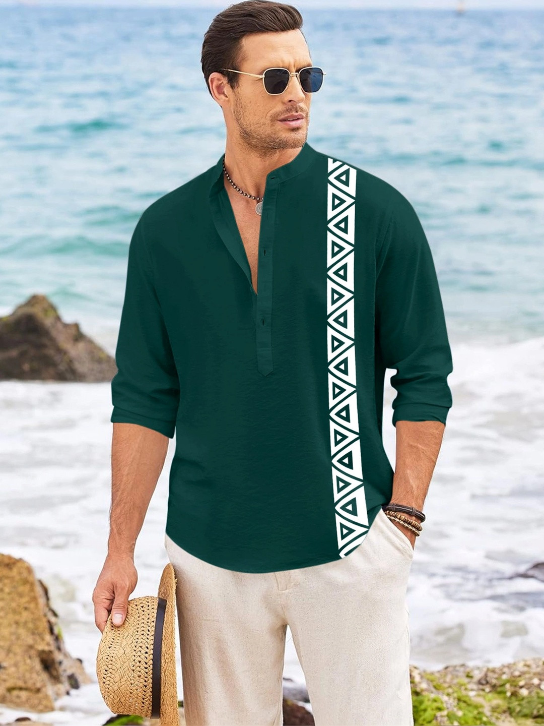 FINIVO FASHION Geometric Printed Band Collar Long Sleeves Cotton Regular Fit Shirt