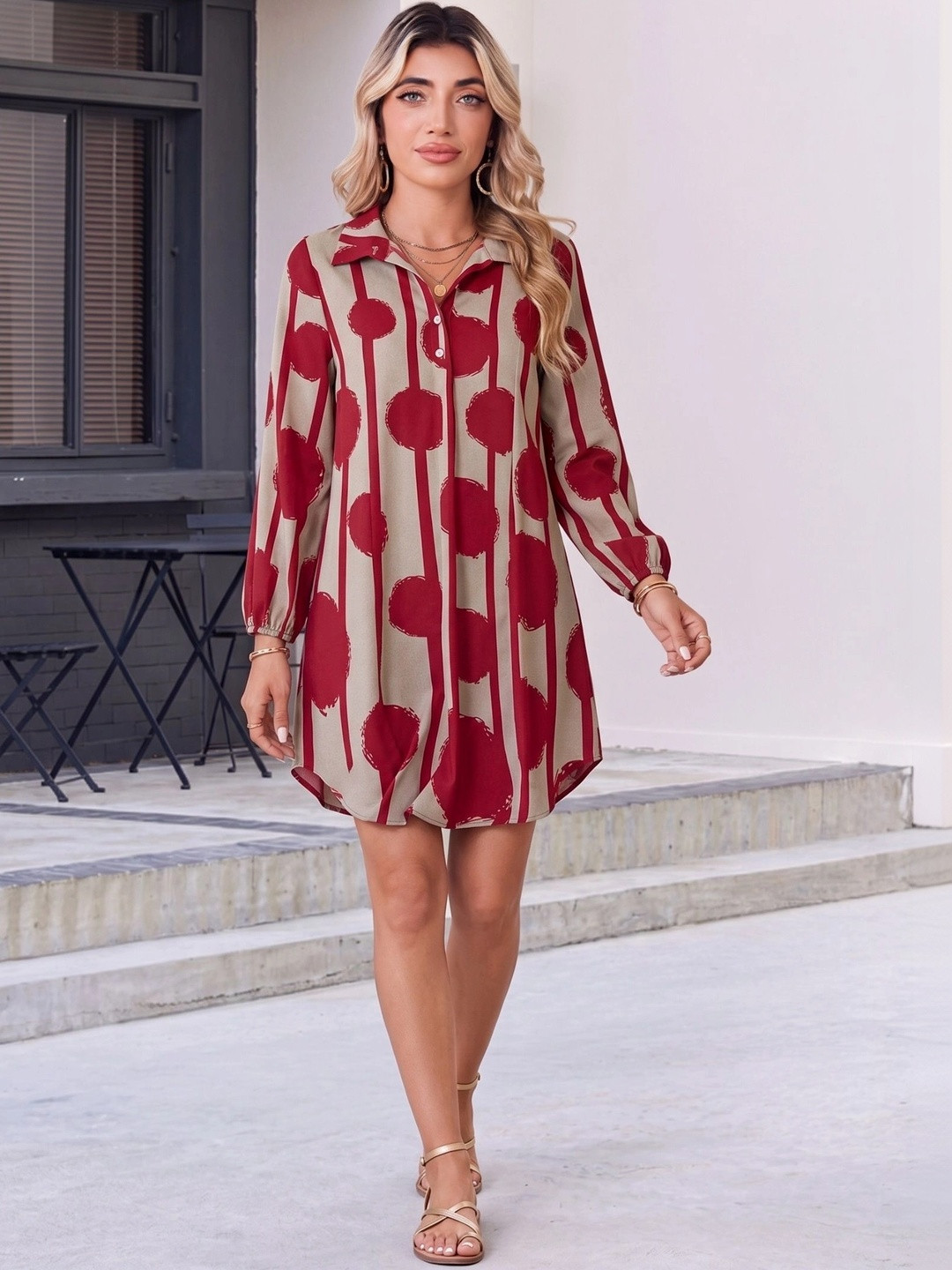 GUFRINA Women Maroon & Beige Printed Crepe A-Line Shirt Dress | Full Sleeves Casual Dress