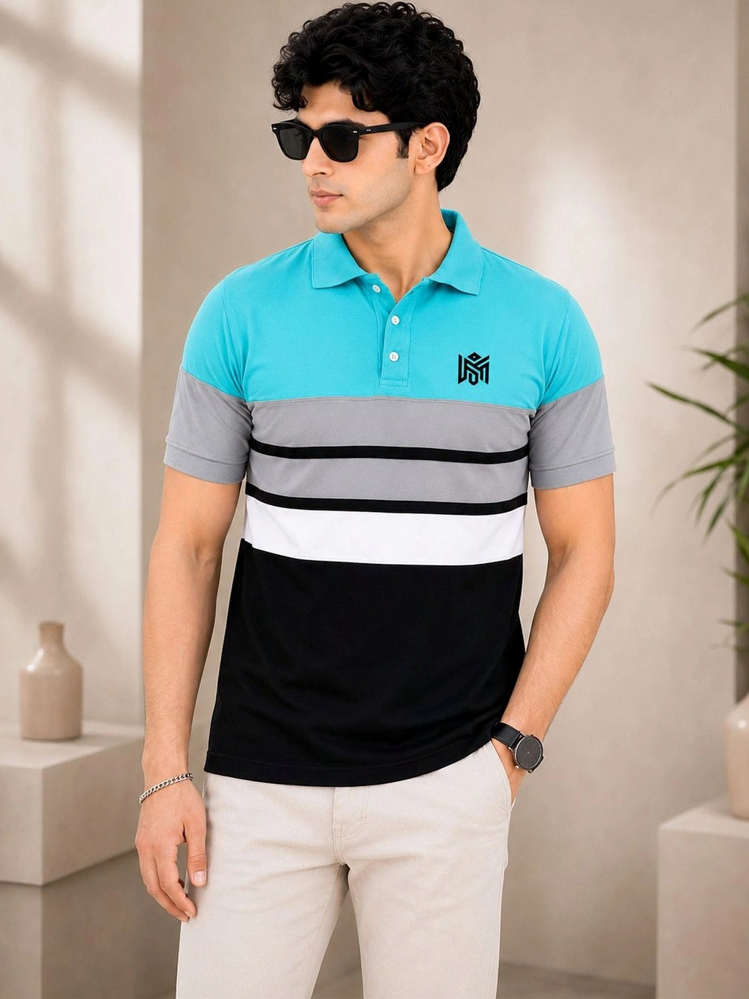Lolark Men Brand Logo Colourblocked Polo Collar T-shirt