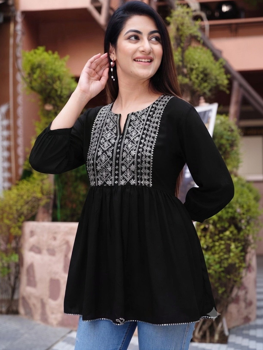 SUBHLAXMI FASHION Ethnic Motifs Embroidered Mirror Work Handloom Mirror Work Empire Kurti
