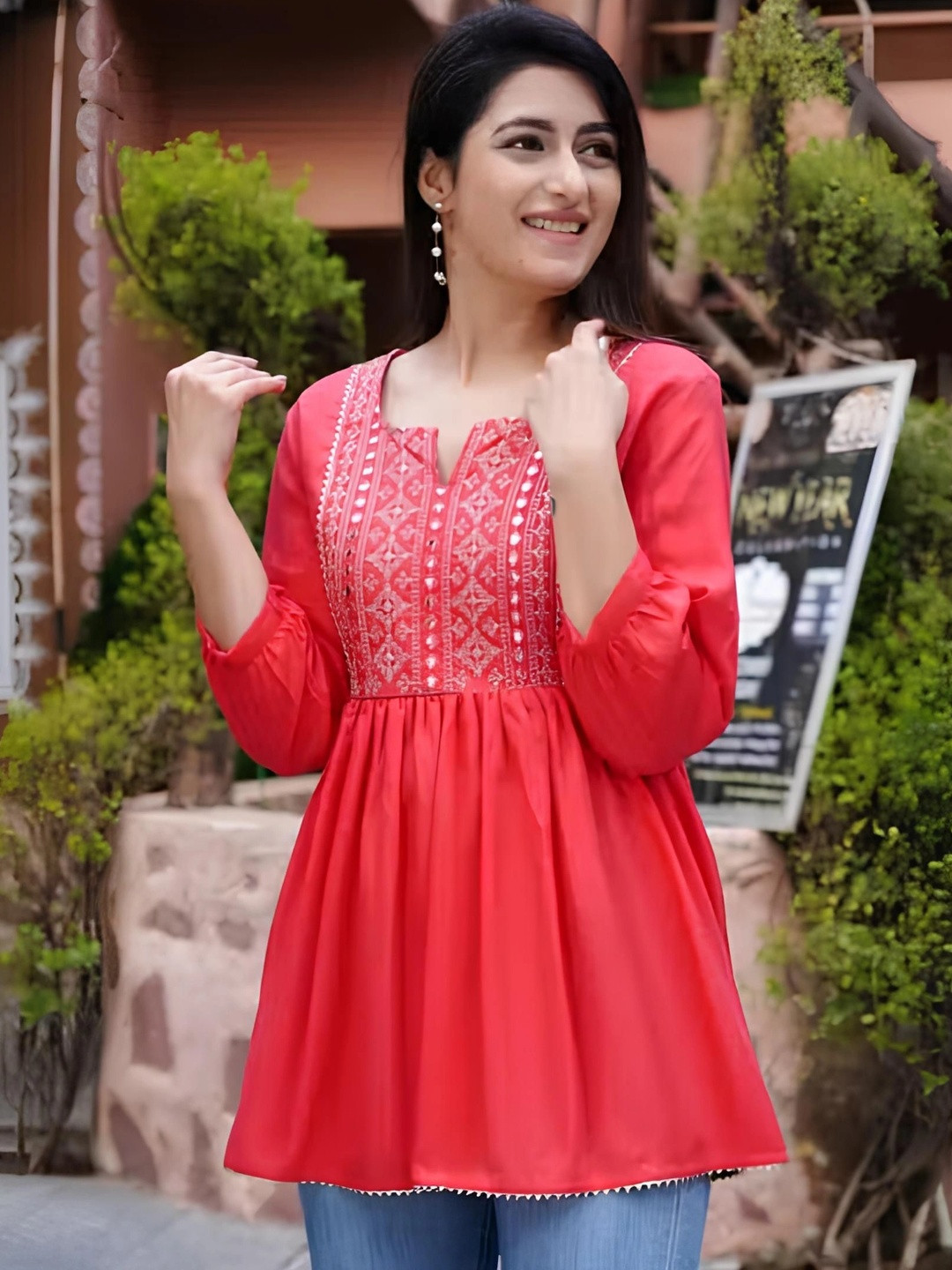 SUBHLAXMI FASHION Ethnic Motifs Embroidered V-Neck Mirror Work Handloom Mirror Work Empire Kurti