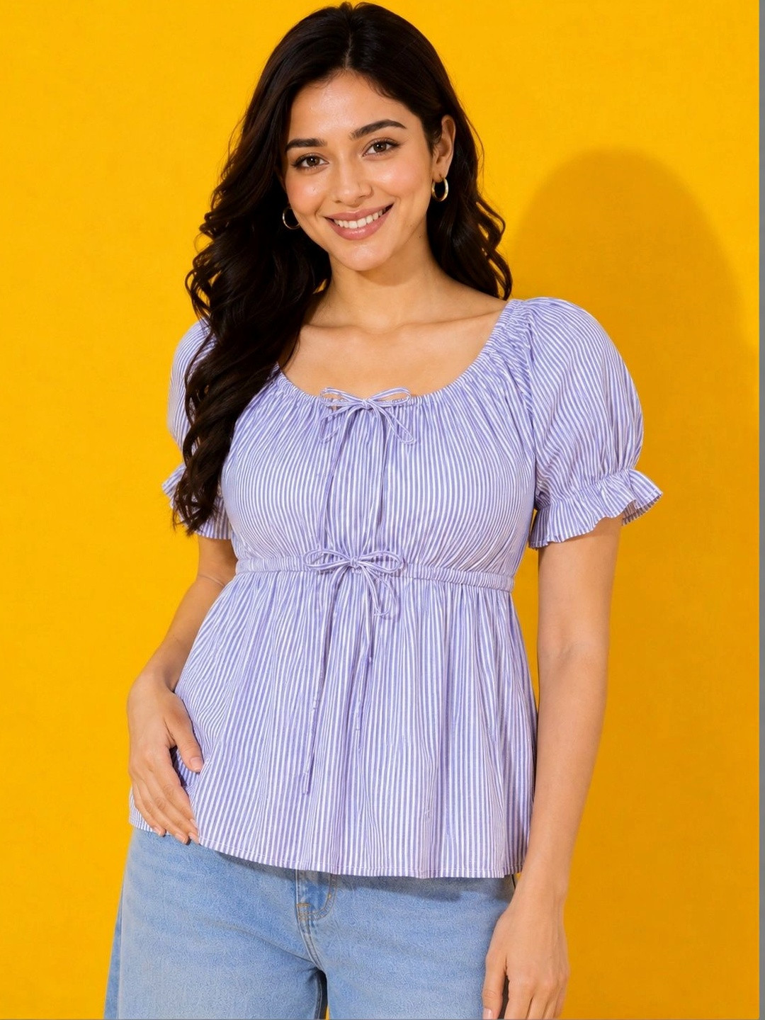 IQOA Striped Puff Sleeve Cotton Blend Top