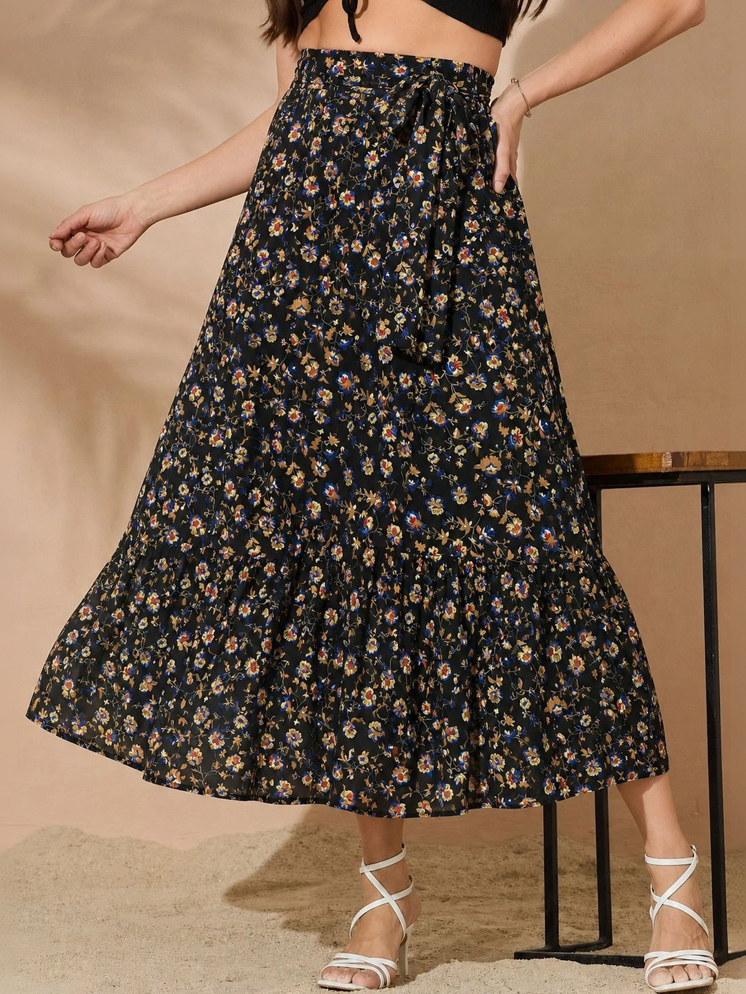 Moda Rapido Women Georgette Floral Micro or Ditsy Print Midi Flared Skirt