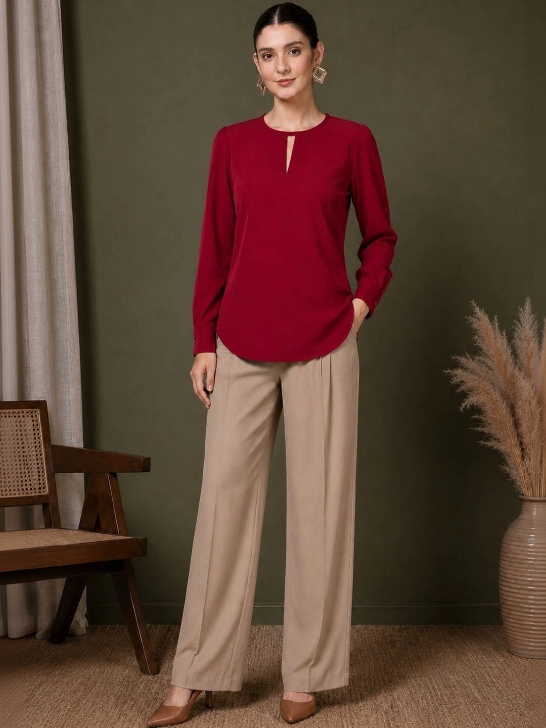 Red Keyhole Neck Long Sleeve Top
