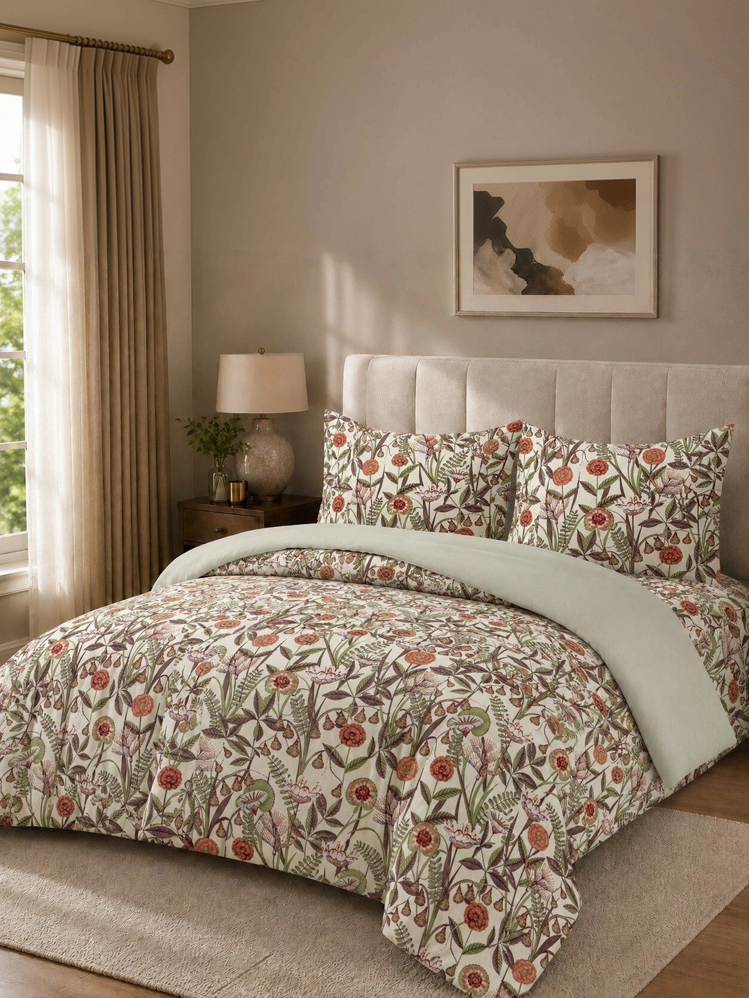 Nivasam Rust & Green Floral Cotton 4 Piece Double King Superfine Bedding Set