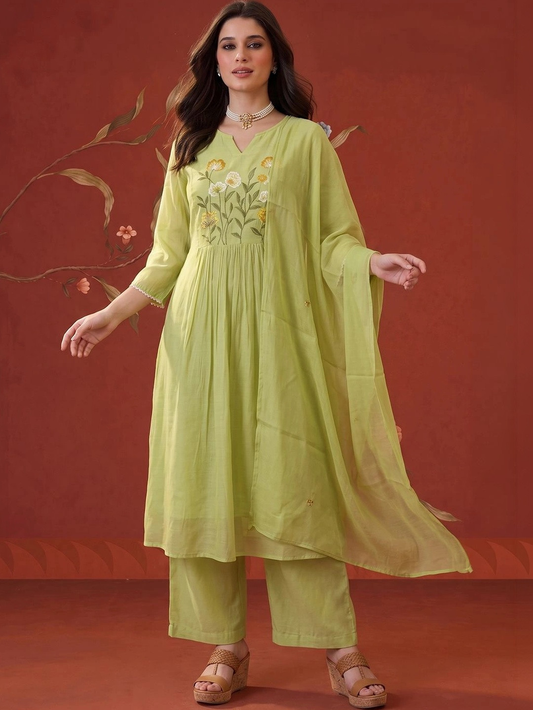 Sangria Women Floral Embroidered Empire Thread Work Chanderi Silk Kurta with Palazzos & With Dupatta