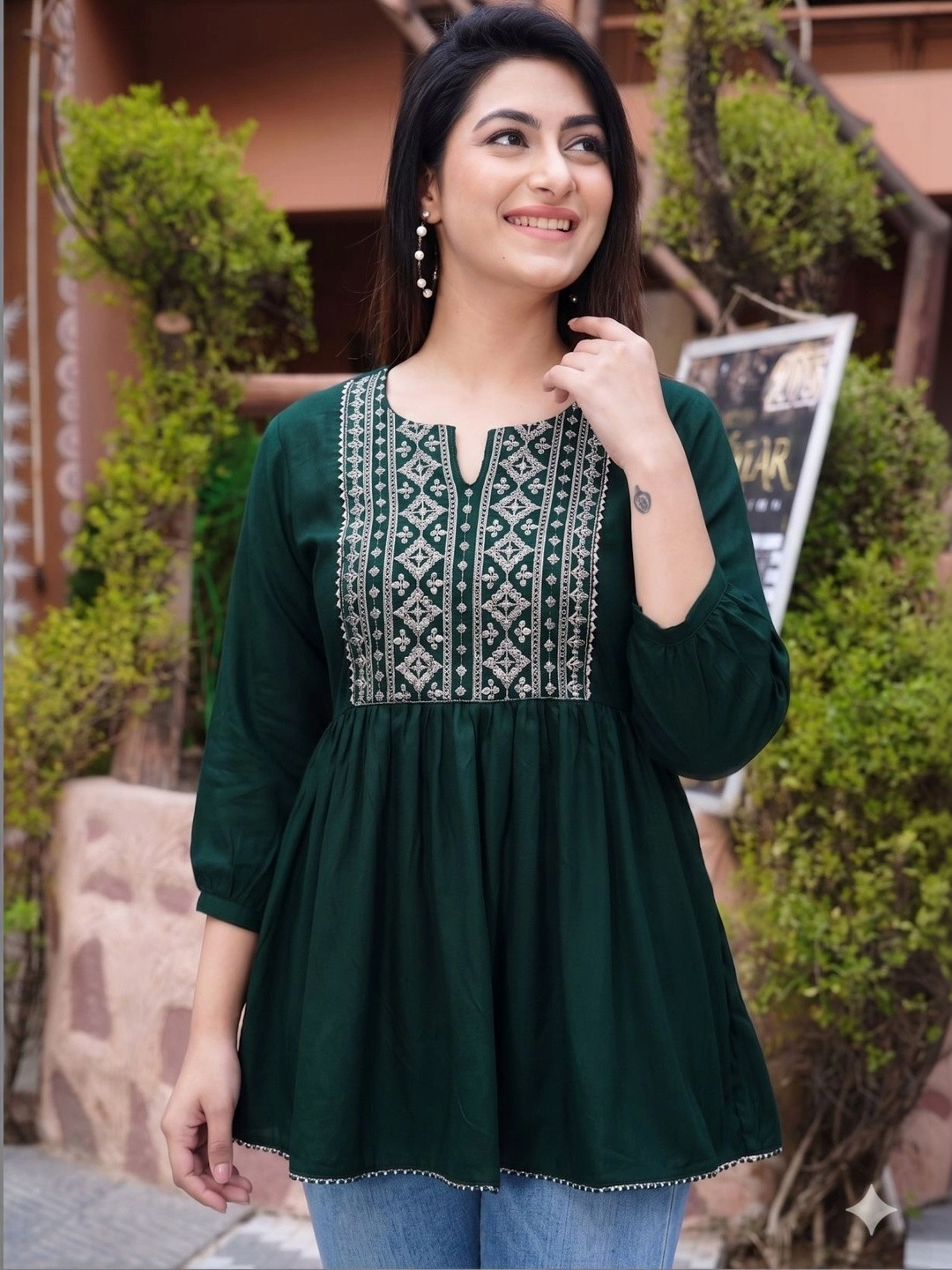 SUBHLAXMI FASHION Ethnic Motifs Embroidered V-Neck Mirror Work Handloom Mirror Work Empire Kurti