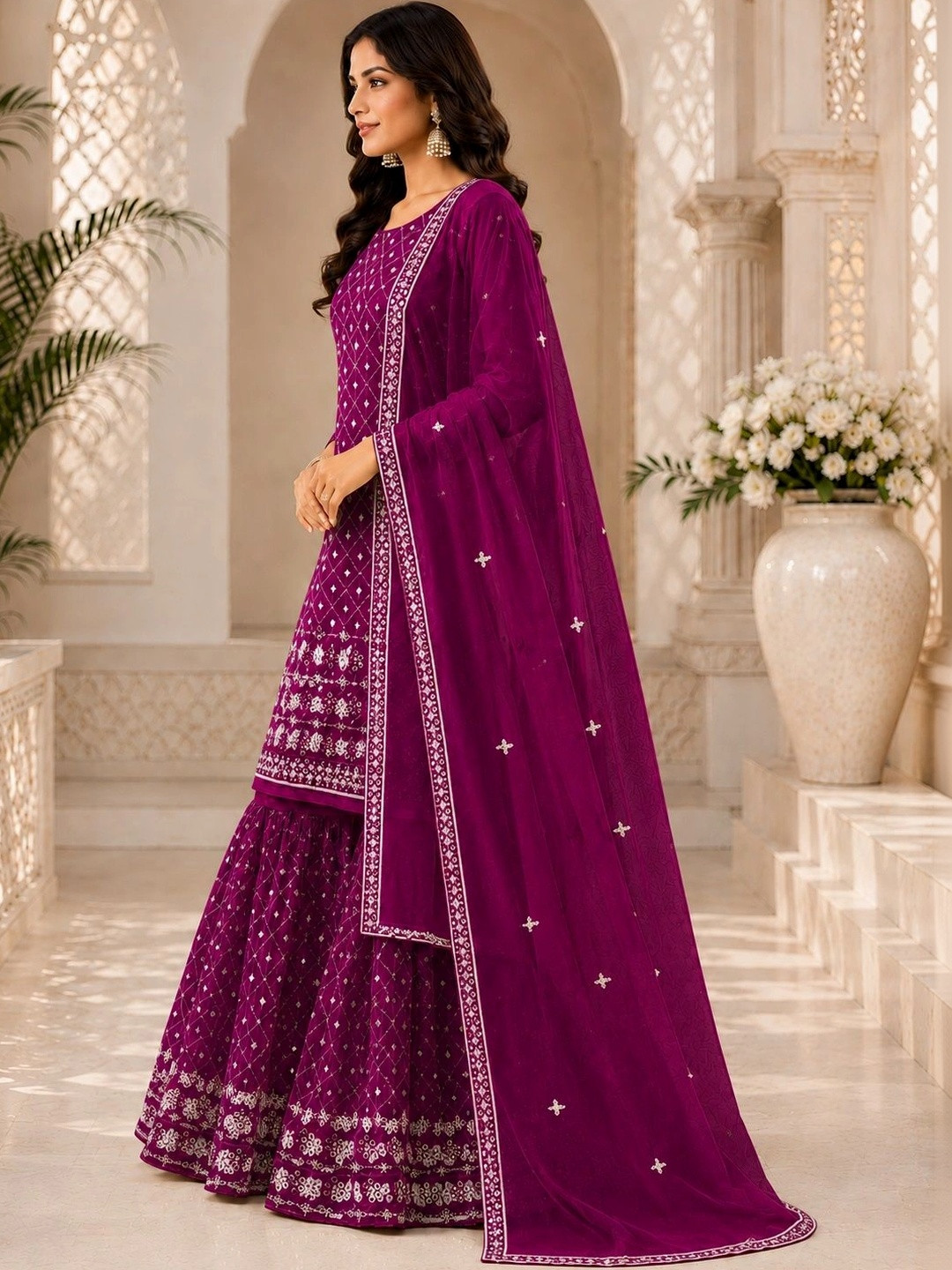 TUHIRAAJ Women Ethnic Motifs Embroidered Regular Sequinned Kurta with Sharara & With Dupatta