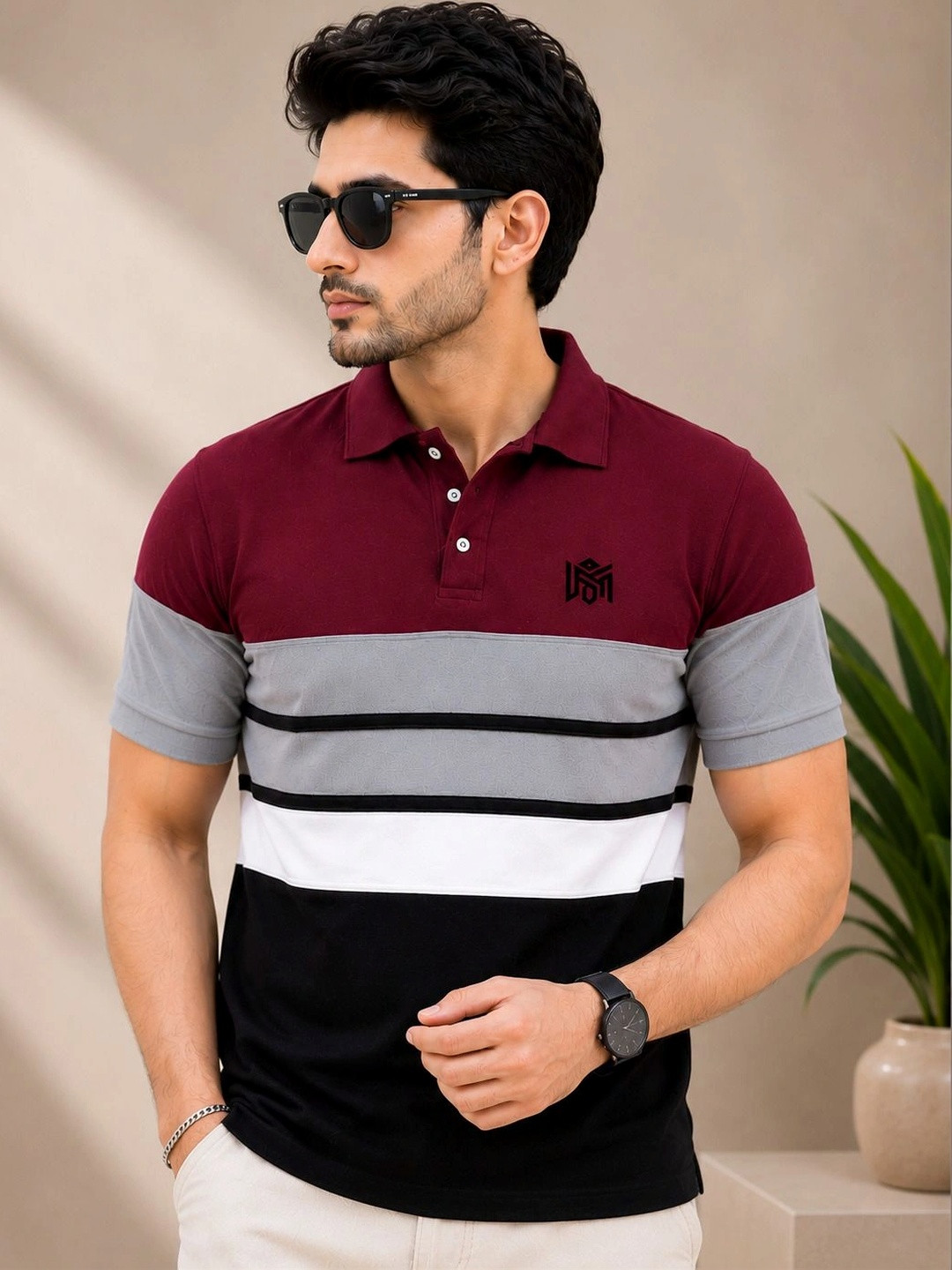 Lolark Men Brand Logo Colourblocked Polo Collar T-shirt