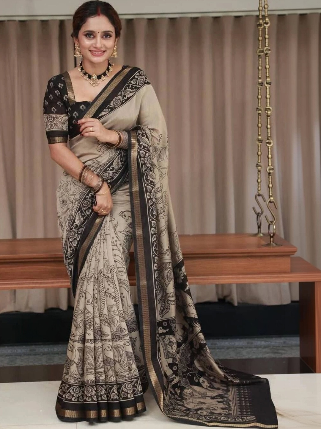 Sangria Kalamkari Pure Linen Designer Saree
