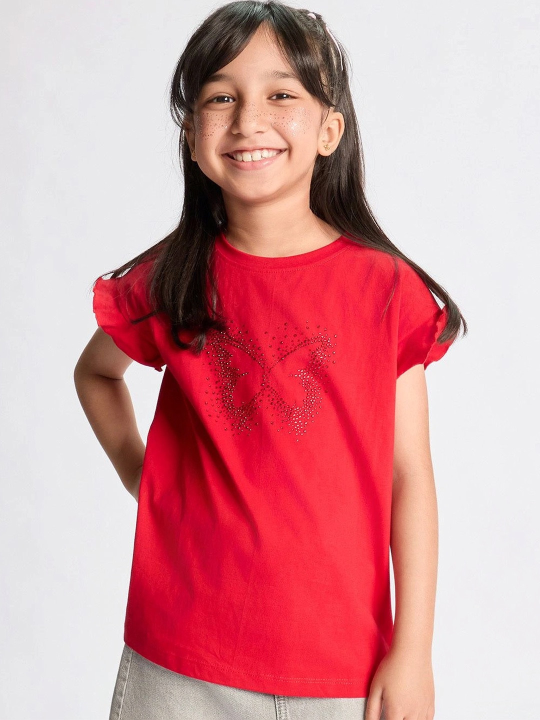 Dotokids Embellished Flutter Sleeve Ruffles Cotton Top