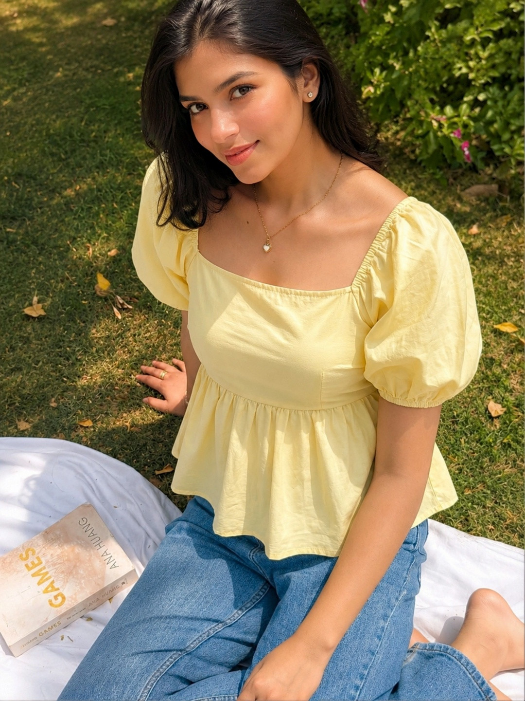 HIBIKI Puff Sleeve Smocked Cotton Blend Peplum Top