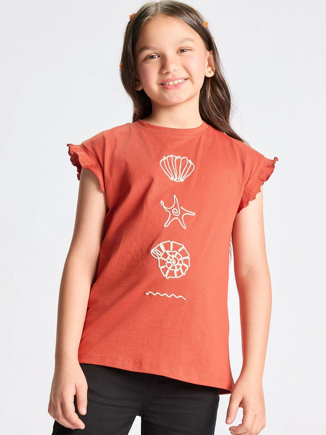 Dotokids Girls Print Flutter Sleeve Ruffles Tropical Cotton Top