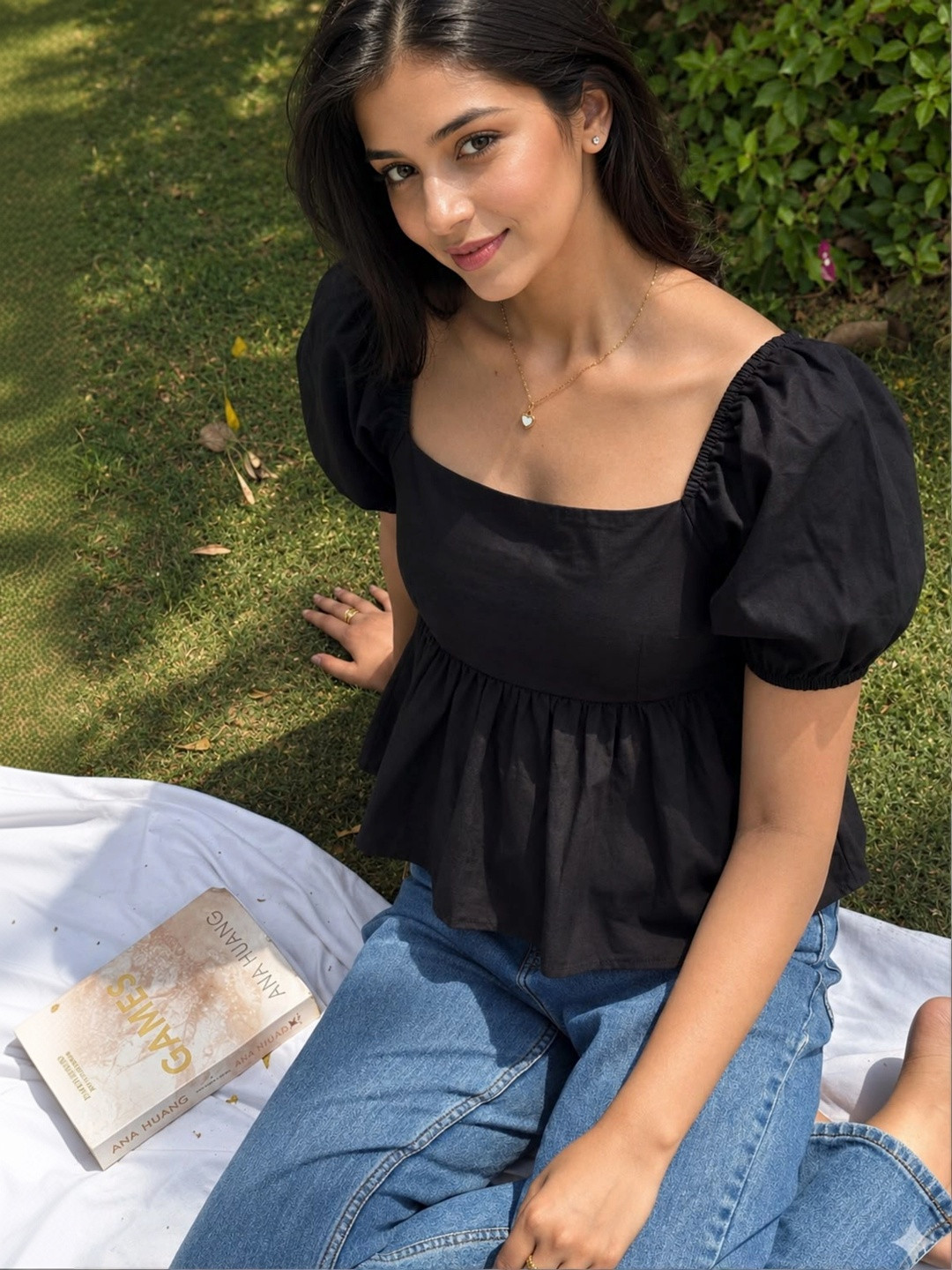 HIBIKI Puff Sleeve Cotton Blend Peplum Top