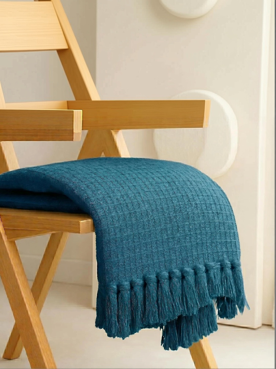 Banchmark Home Furnishings Blue Cotton Waffle Knit & Chevron Pattern Throw with Fringes