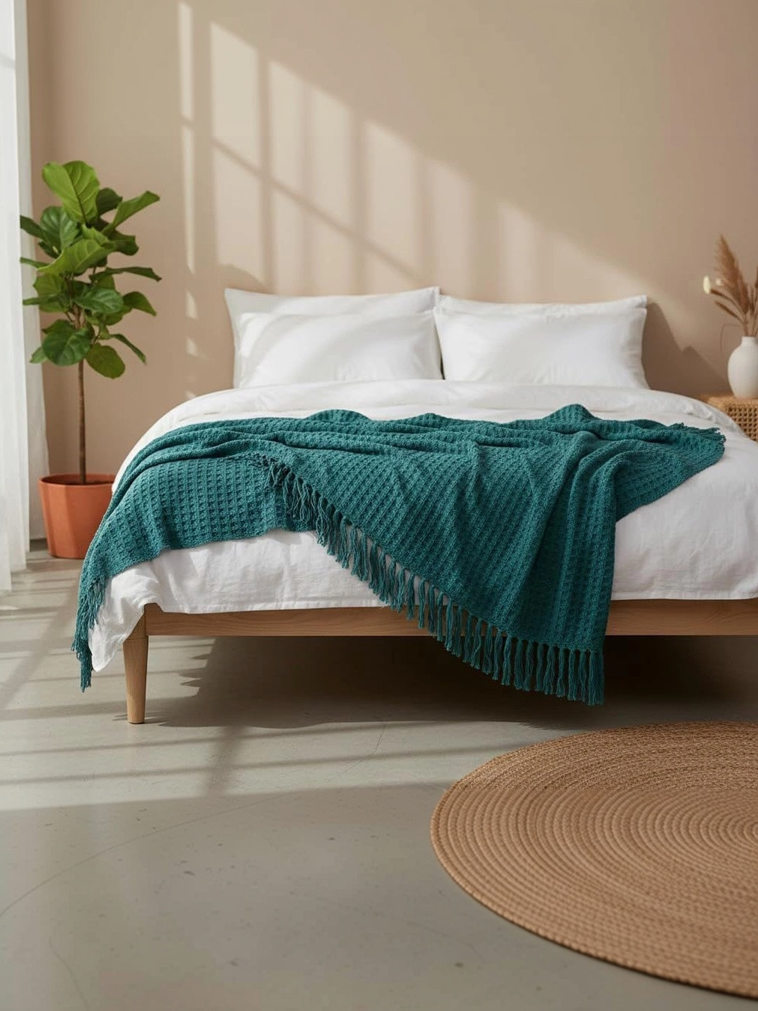 Banchmark Home Furnishings Blue Cotton Waffle Knit & Chevron Pattern Throw with Fringes