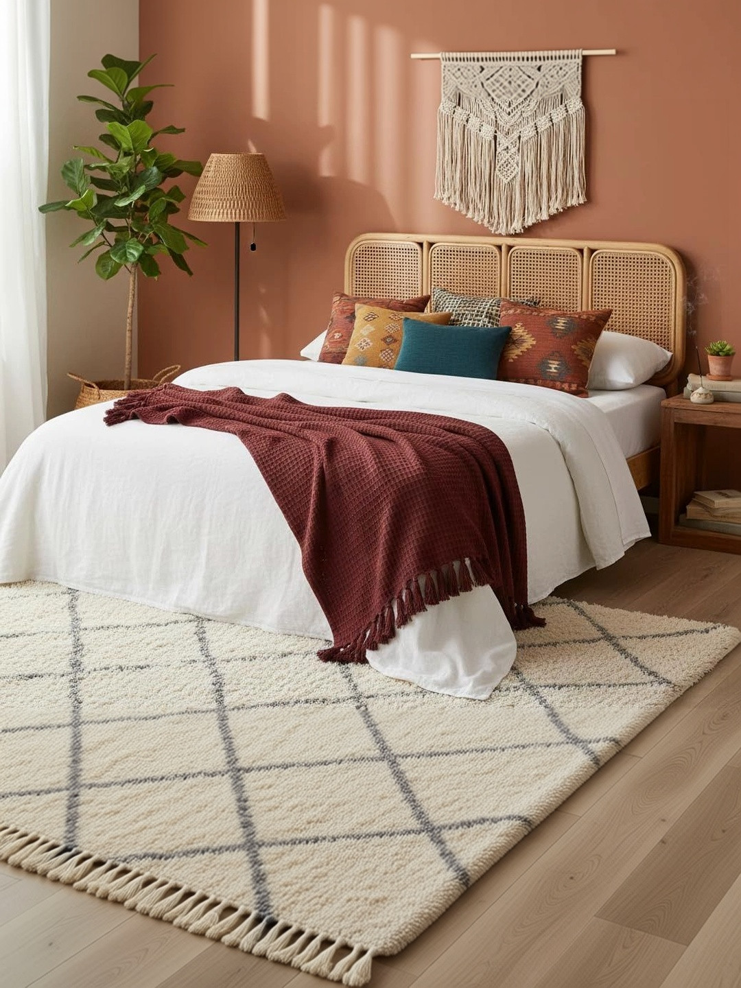 Banchmark Home Furnishings Maroon Cotton Waffle Knit & Chevron Pattern Throw with Fringes