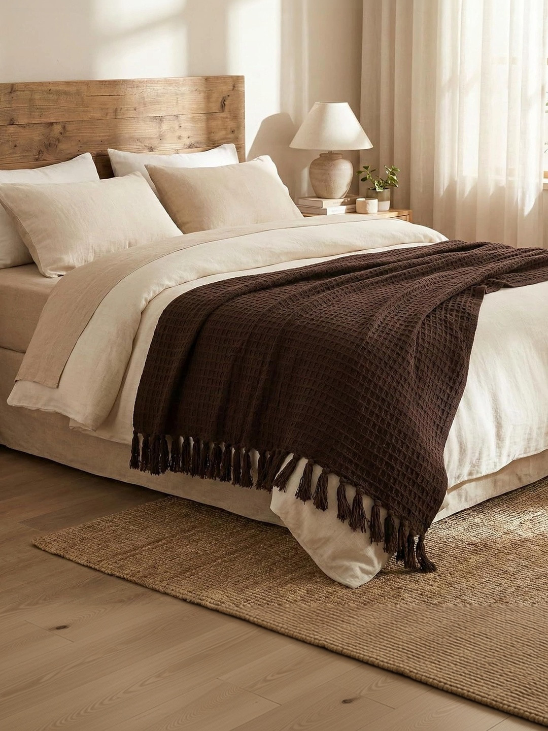 Banchmark Home Furnishings Brown Cotton Waffle Knit & Chevron Pattern Throw with Fringes
