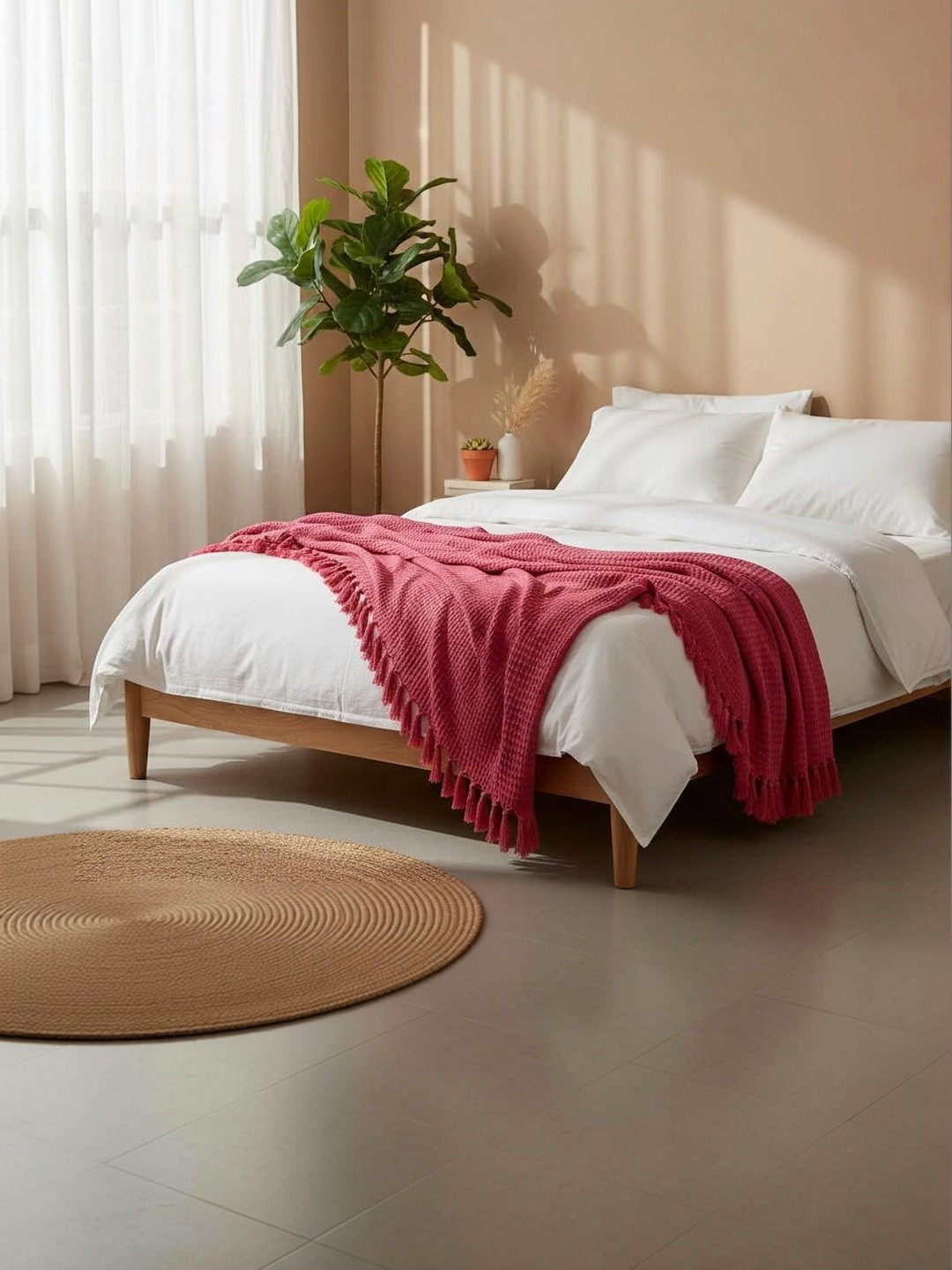 Banchmark Home Furnishings Pink Cotton Waffle Knit & Chevron Pattern Throw with Fringes
