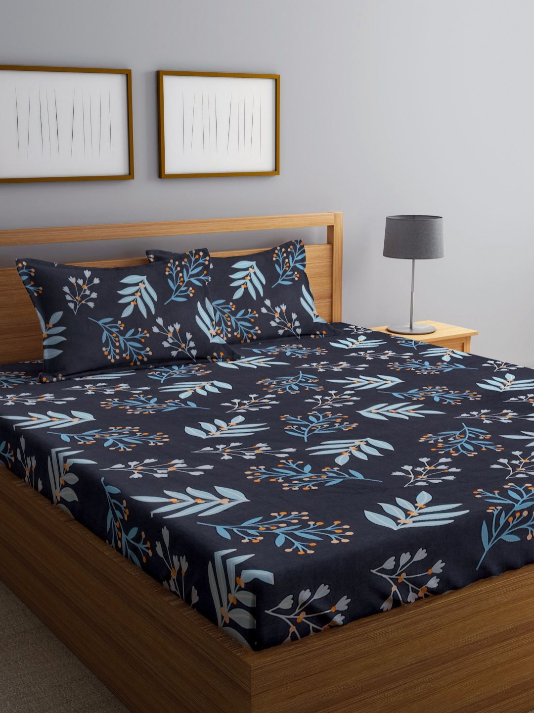 Aura Black Floral Cotton 300 TC Double Fine Bedsheet with 2 Pillow Covers-98 x 85 inches