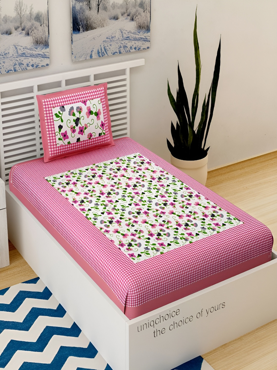Aura Jaipuri Pink Floral Pure Cotton 120 TC Single Bedsheet with 2 Pillow Covers-89 x 57 inches
