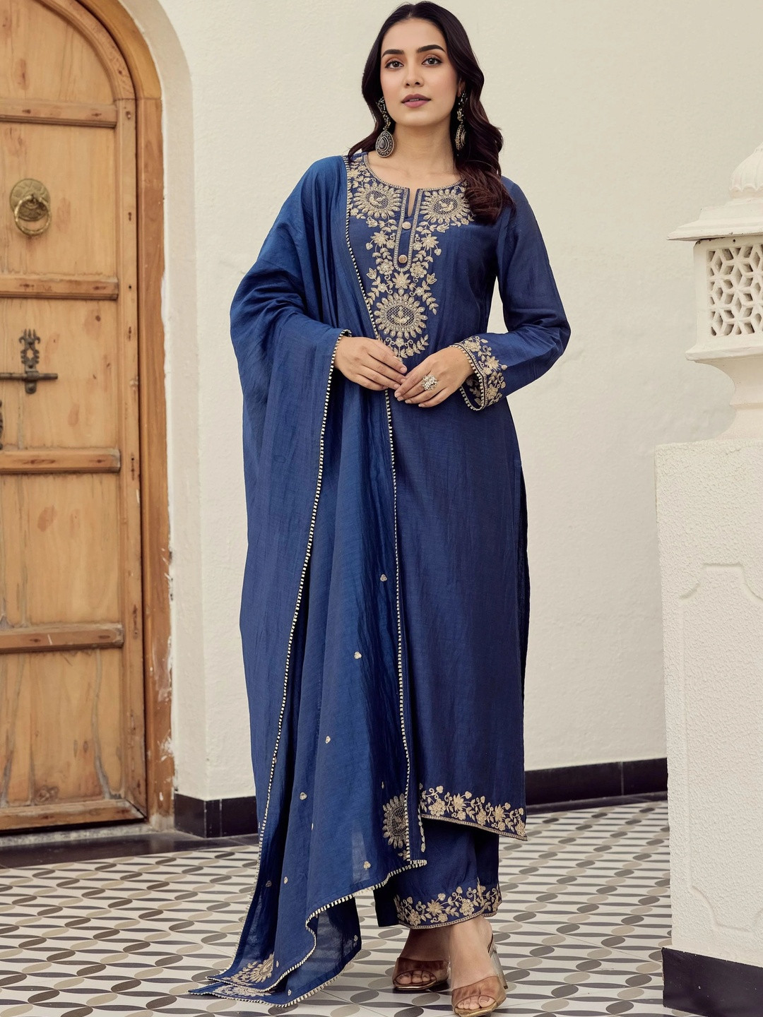 Royal Export Women Embroidered Regular Chanderi Silk Kurta with Trousers & With Dupatta