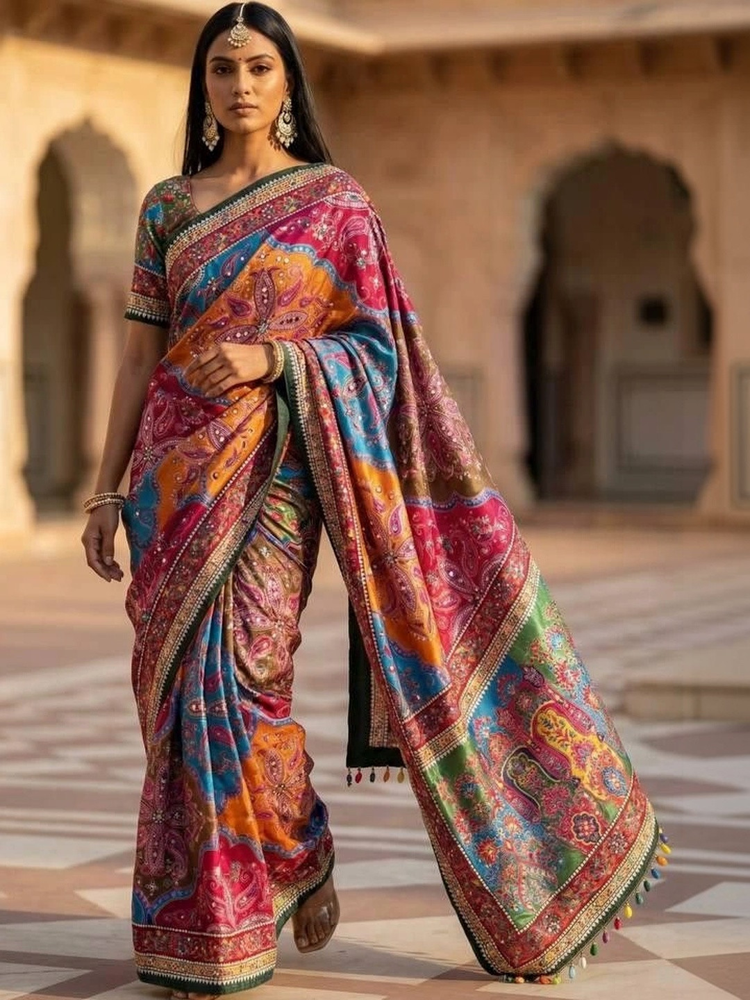 DJV Fashion Floral Mirror Work Silk Blend Saree