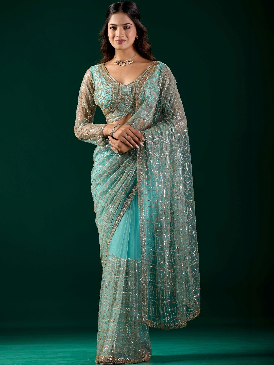 KANYAARI Katrina Blue Net Saree With Cutdana Work