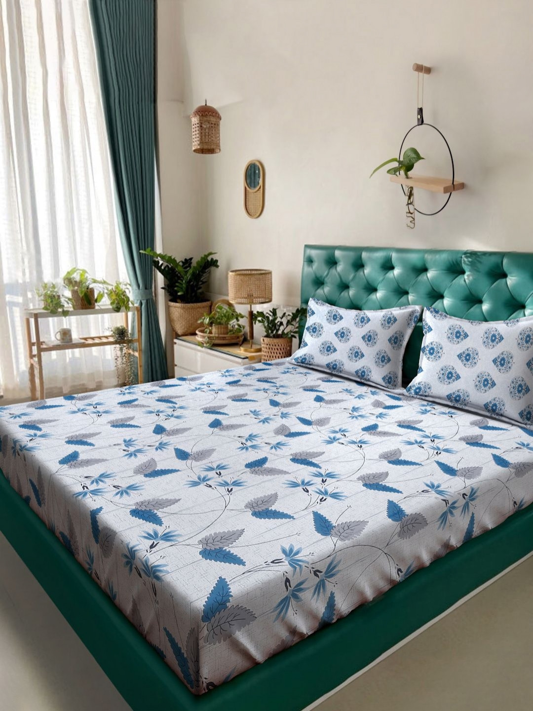 Myntra Elegant Homes Blue & Grey Floral Pure Cotton 400 TC King Bedsheet Set 2.5m x 2.25m