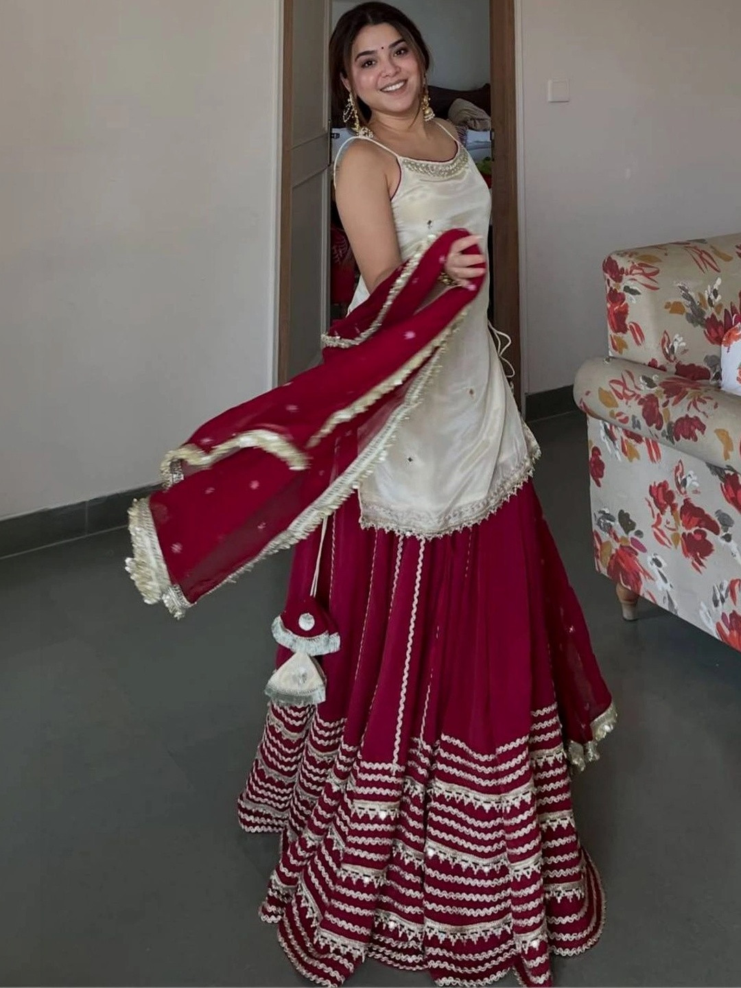 SPIRISA Embellished Mirror Work Lehenga & Blouse With Dupatta