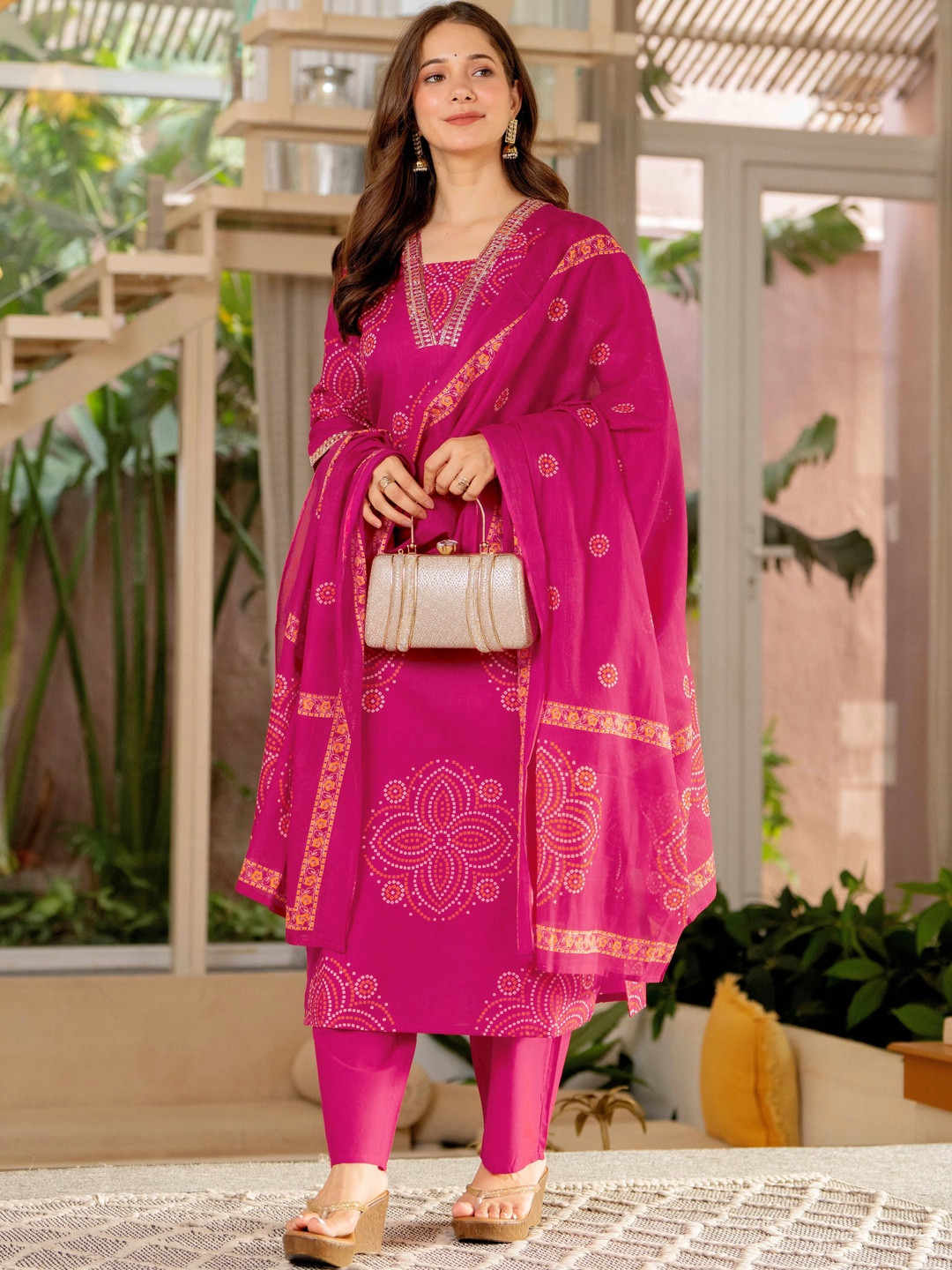 PARTHVI Women Printed Regular Thread Work Pure Cotton Kurta with Trousers & With Dupatta