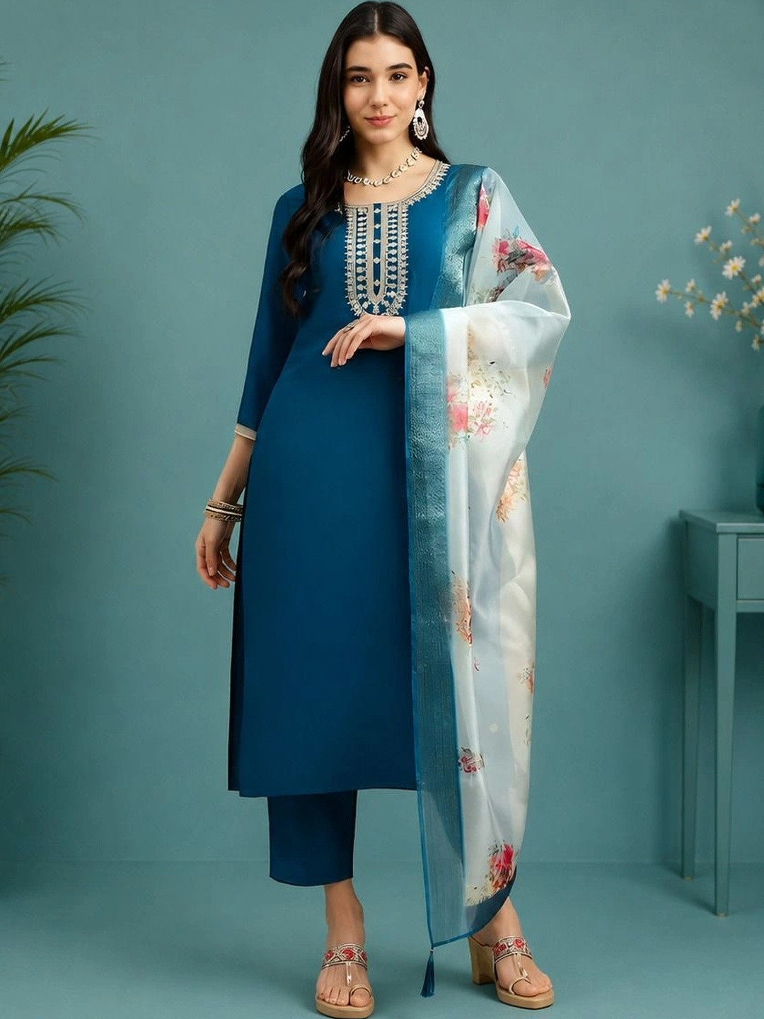 Zeavi Women Embroidered Regular Thread Work Kurti with Trousers & With Dupatta
