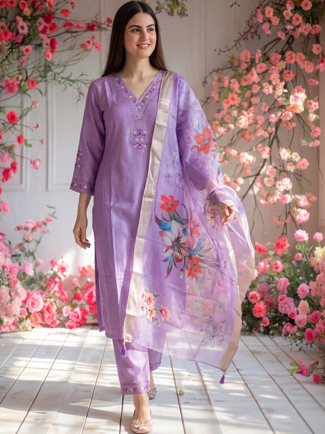 2ni8 lifestyle Women Floral Embroidered Regular Sequinned Kurti with Salwar & With Dupatta