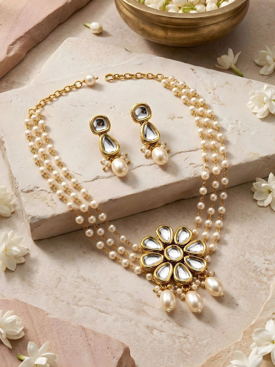 ADIVA Gold-Plated Antique Kundan Necklace and Earrings