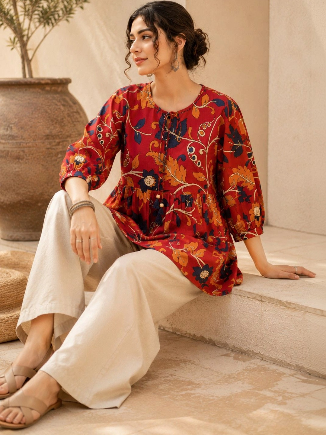 Sangria Floral Print Puff Sleeve Cotton Top