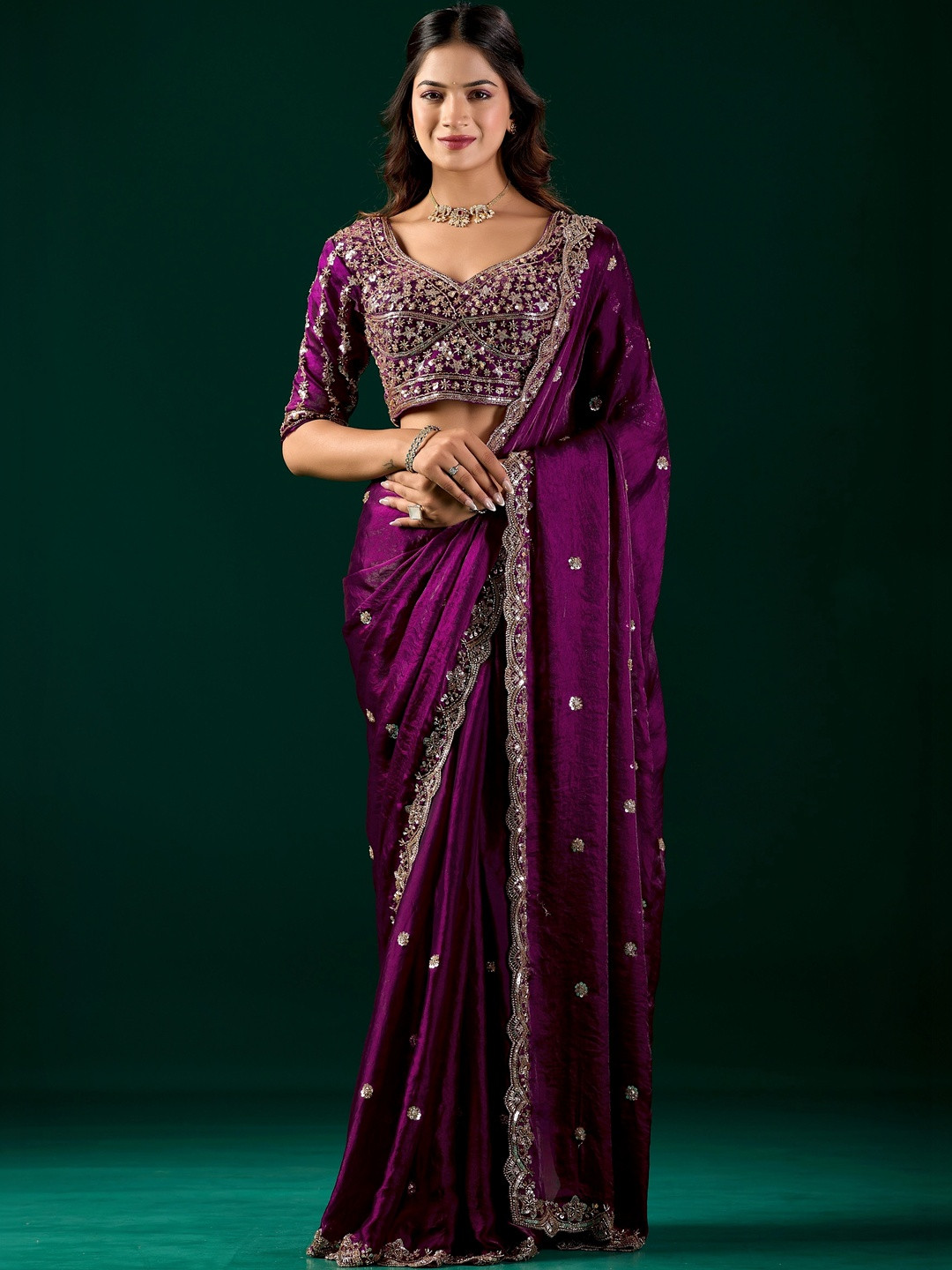 KANYAARI Nora Wine Satin Saree With Cutdana Work