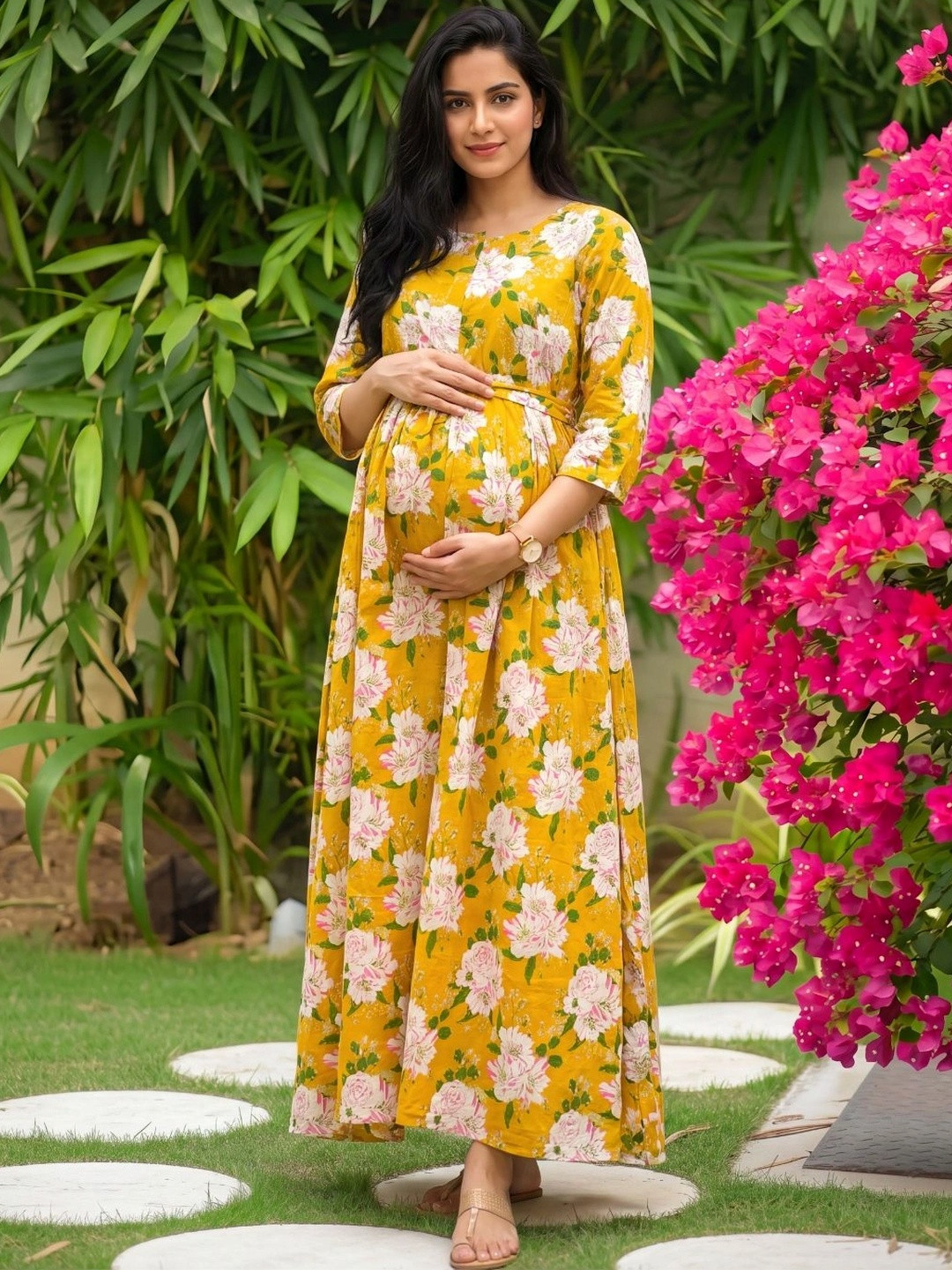 Asenne Floral Printed Soft Cotton Maternity A-Line Maxi Dress With Both Side Feeding Zip