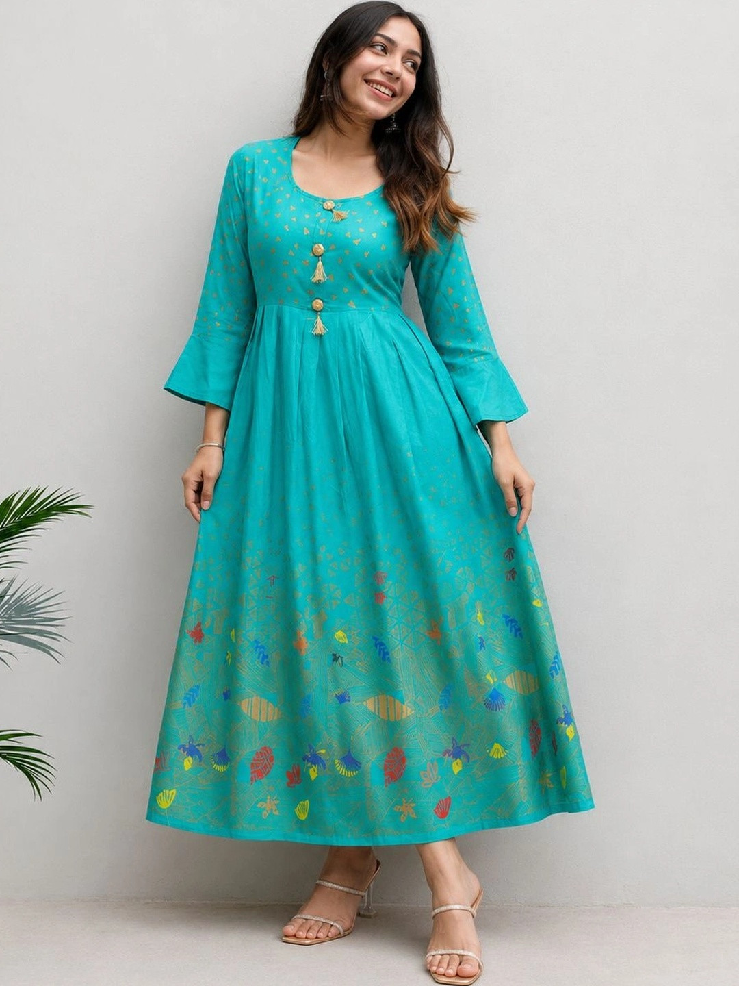 JAHIDA COMFORT WITH STYLE Floral Print Flared Sleeve Fit & Flare Midi Dress