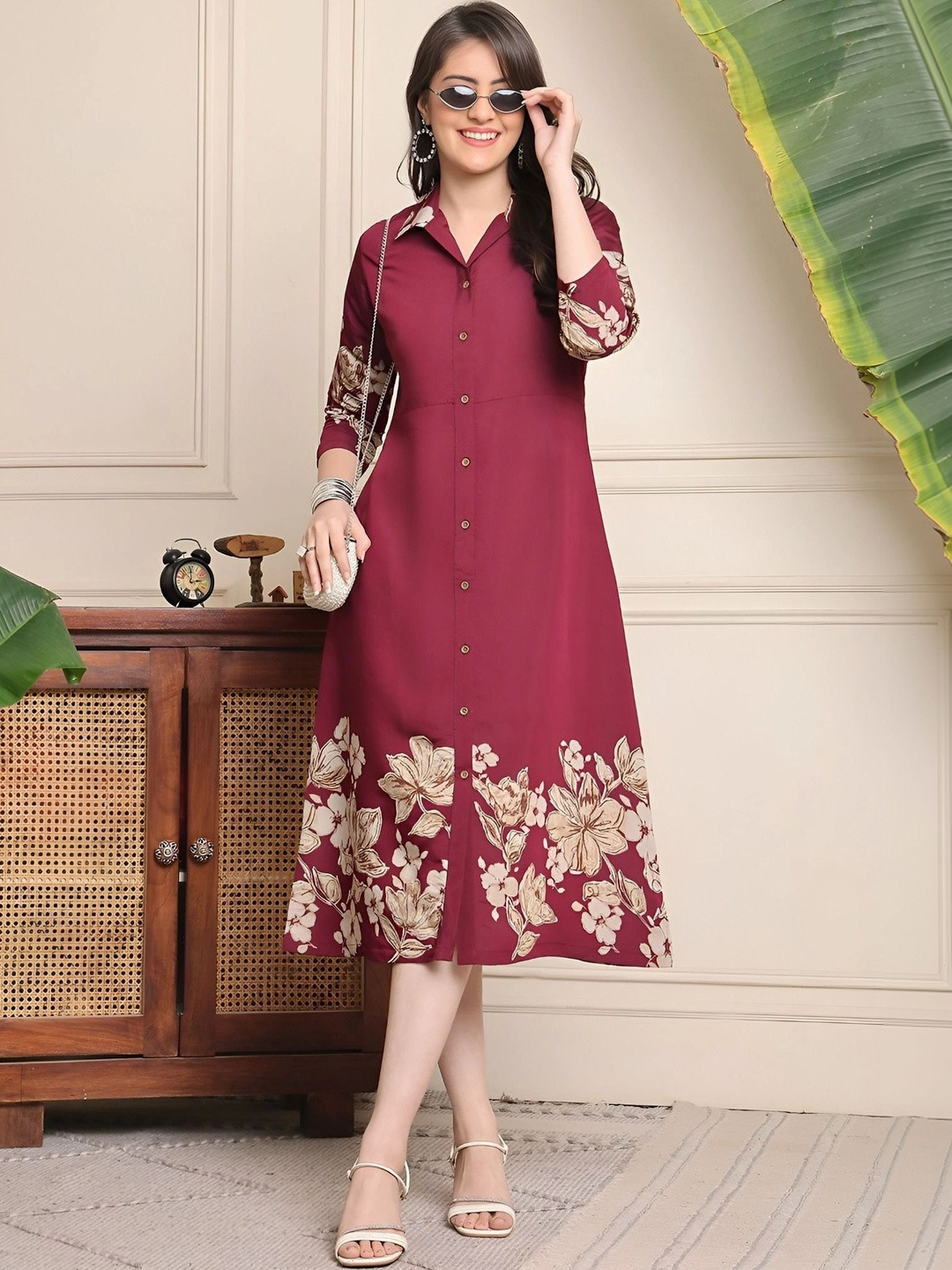 Cotton Printed Kurtis Floral Print A-Line Midi Dress