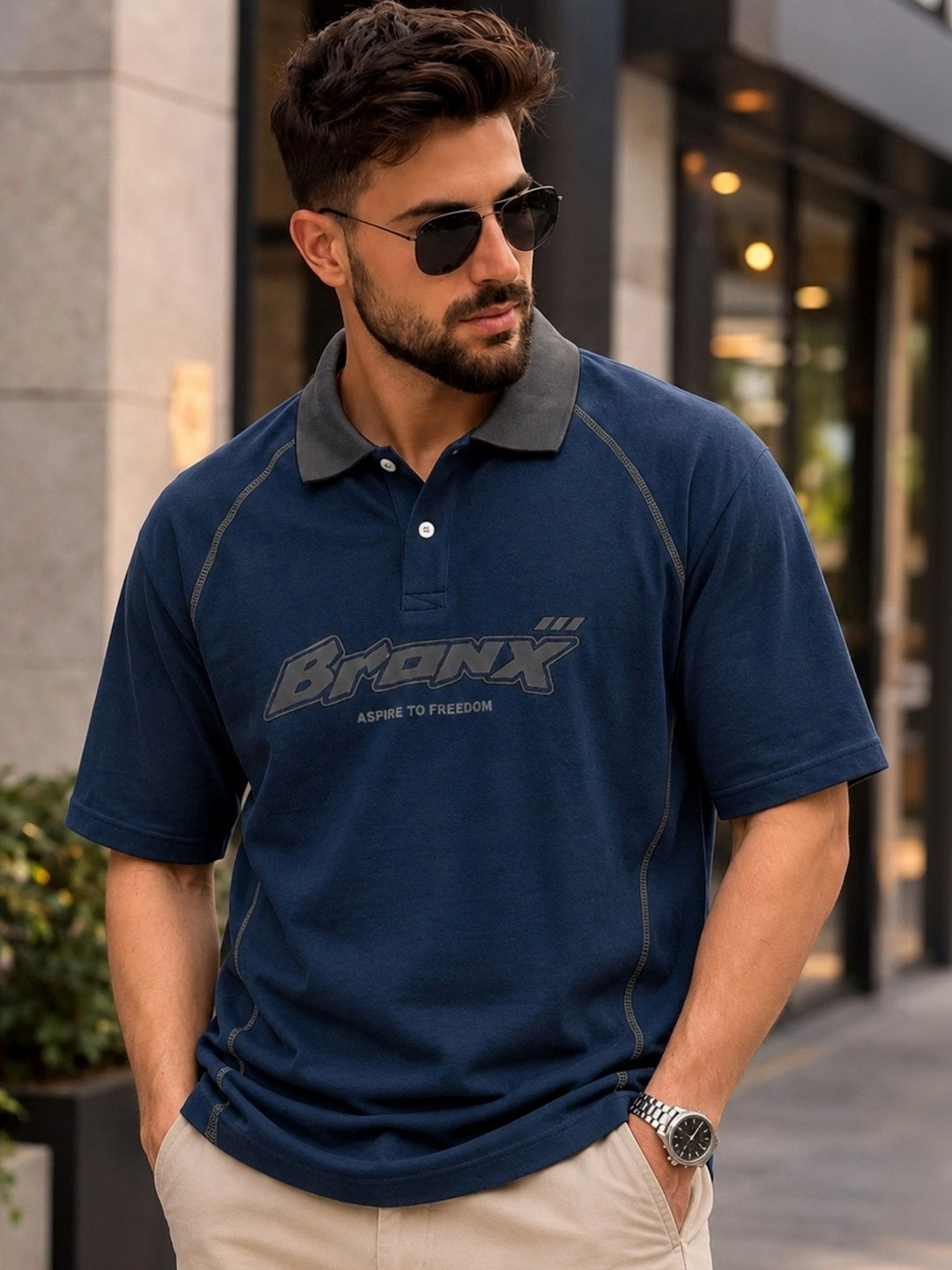 JUMPCUTS Men Typography Printed Polo Collar Pockets T-shirt