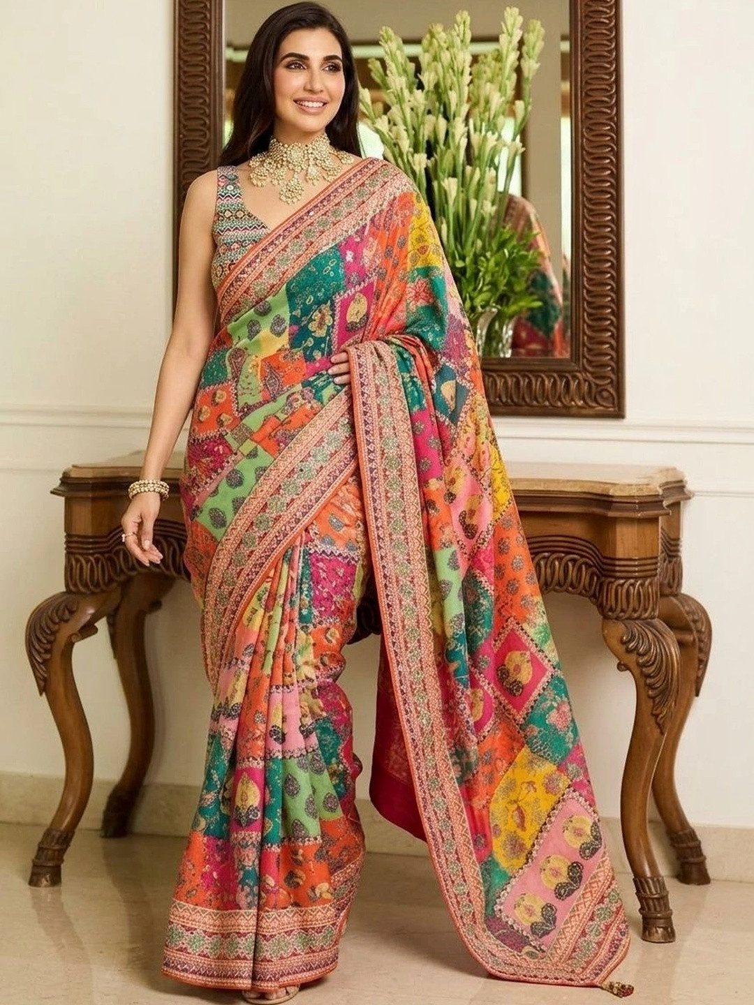 Mitera Ethnic Motifs Embroidered Pure Chiffon Saree