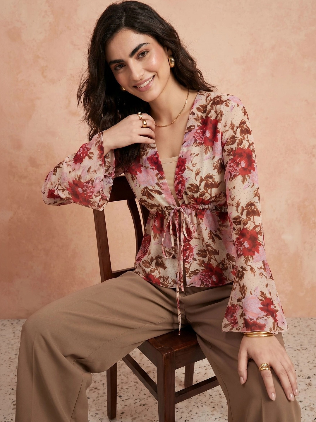 all about you Floral Print Bell Sleeve Georgette Blouson Top