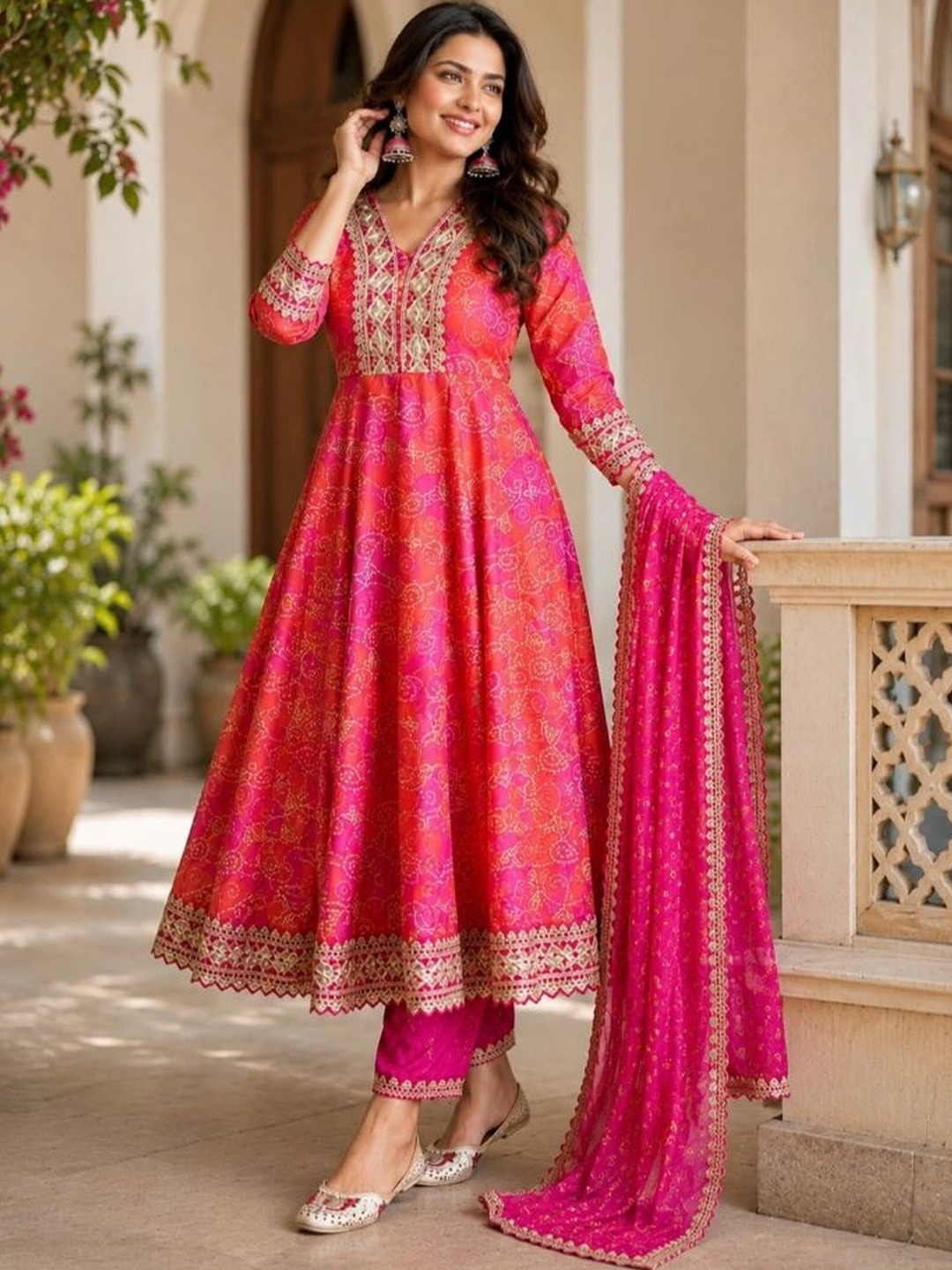 B4ME.COM Women Printed Pleated Sequinned Kurta with Harem Pants & With Dupatta