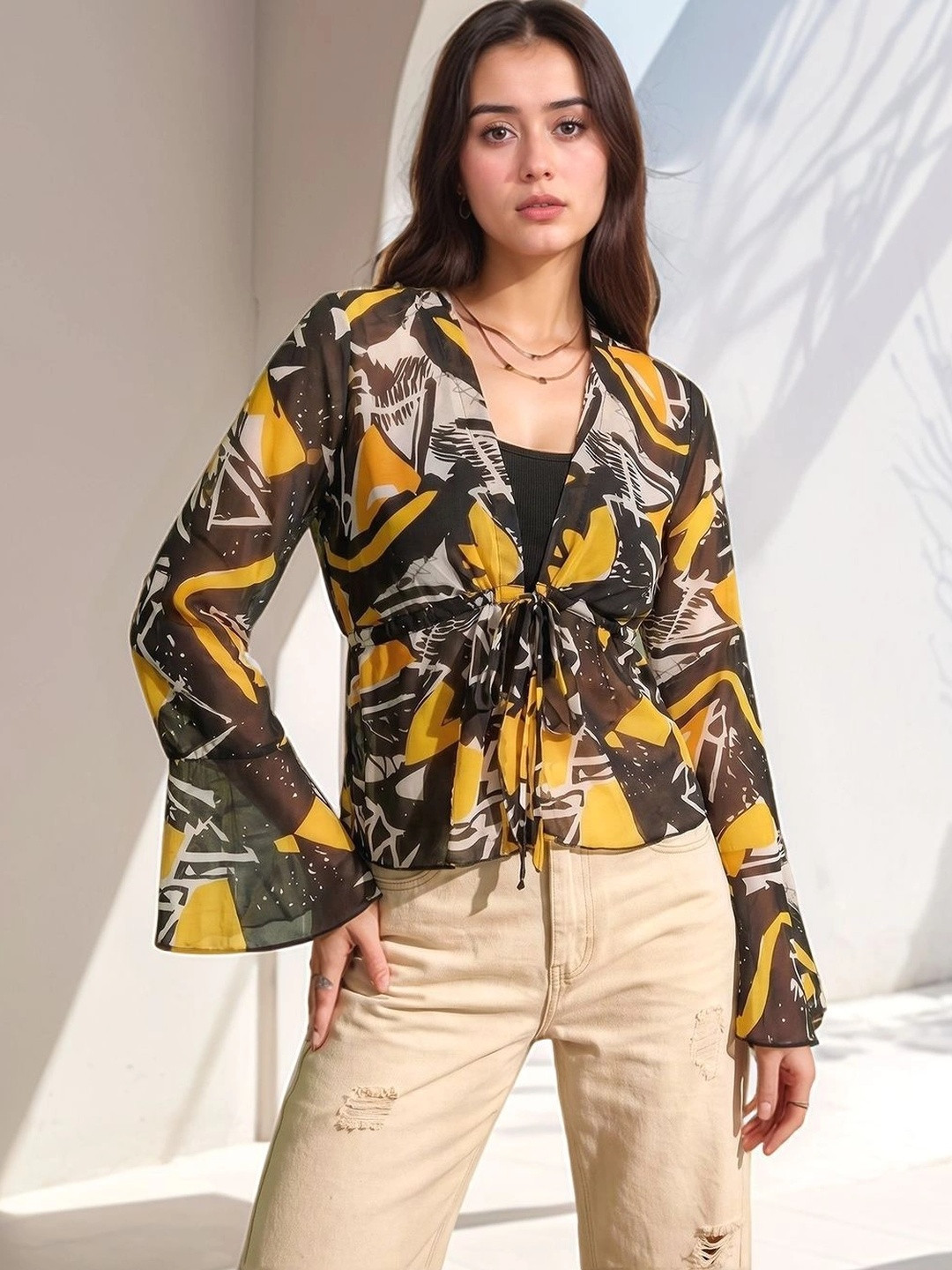 Fashfun Print Bell Sleeve Georgette Wrap Top