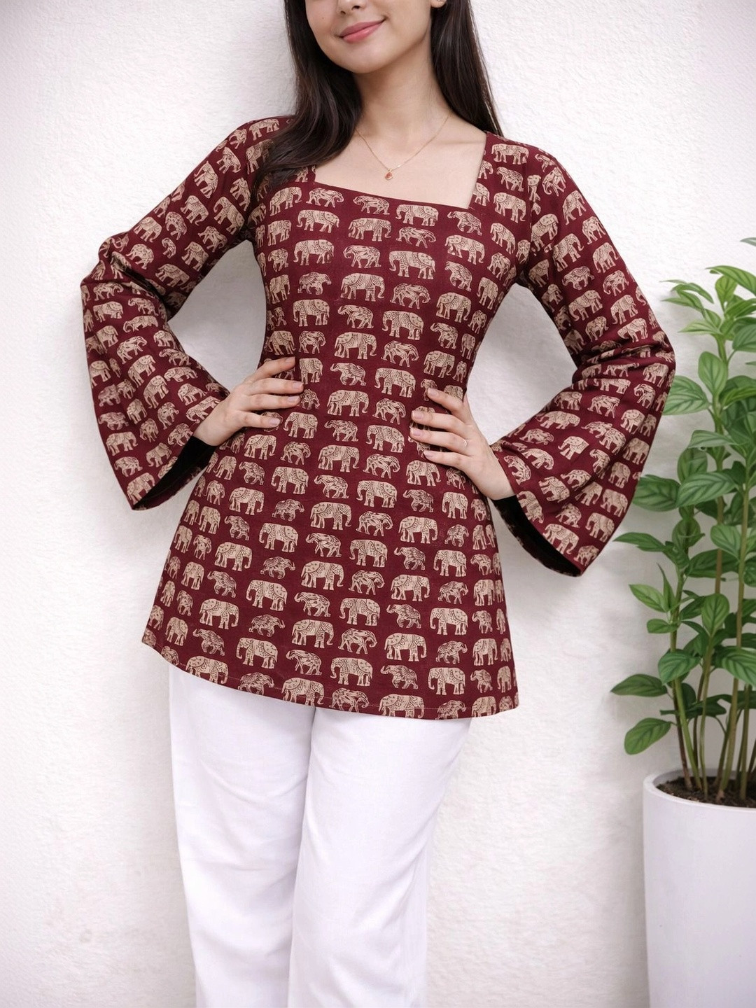 Smartyhub Printed Square Neck Flared Sleeves Kurti