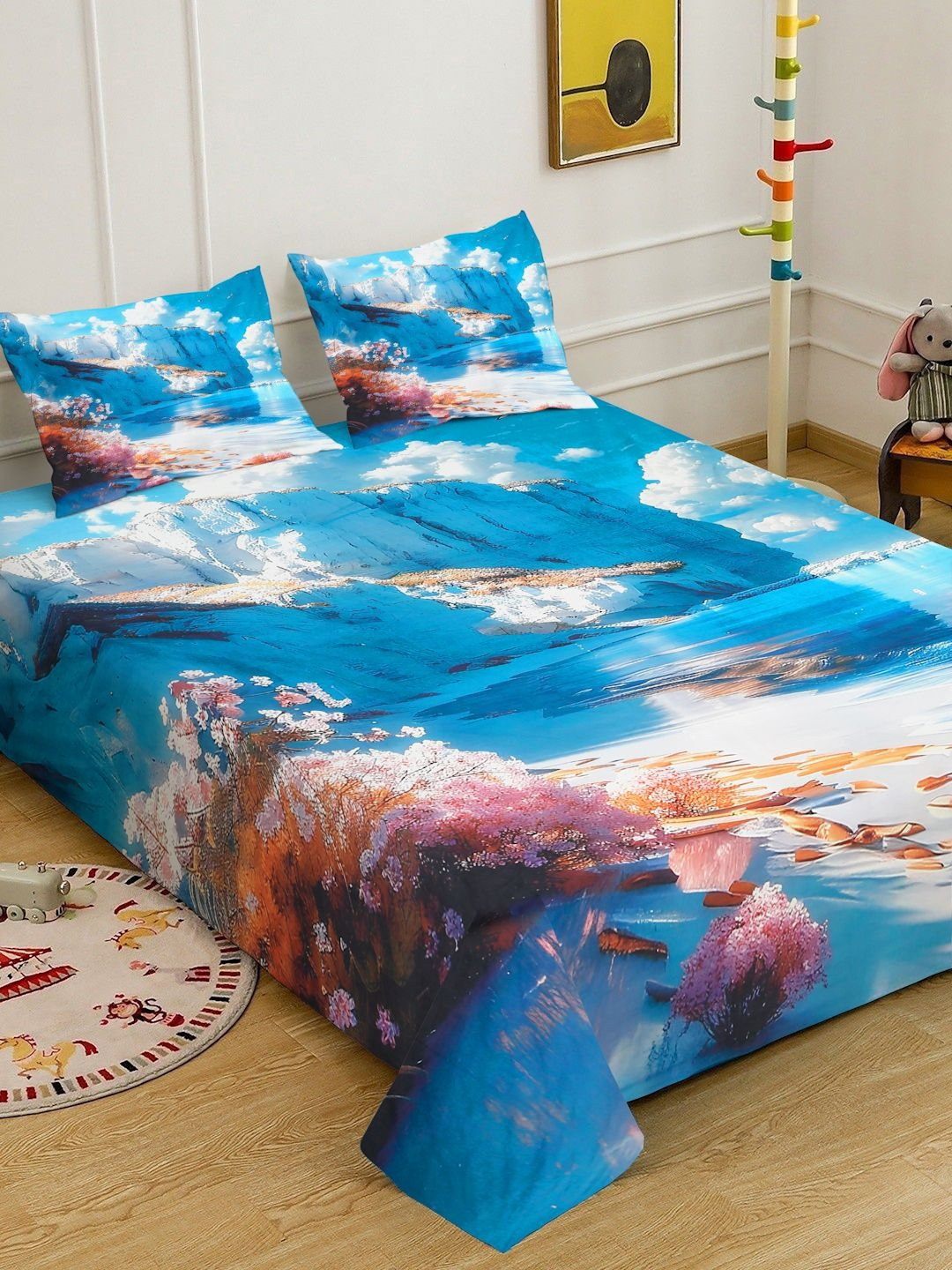 Myntra Elegant Homes Blue Floral 400 TC King 7D Bedsheet With 2 Pillow Covers-250X225 cm